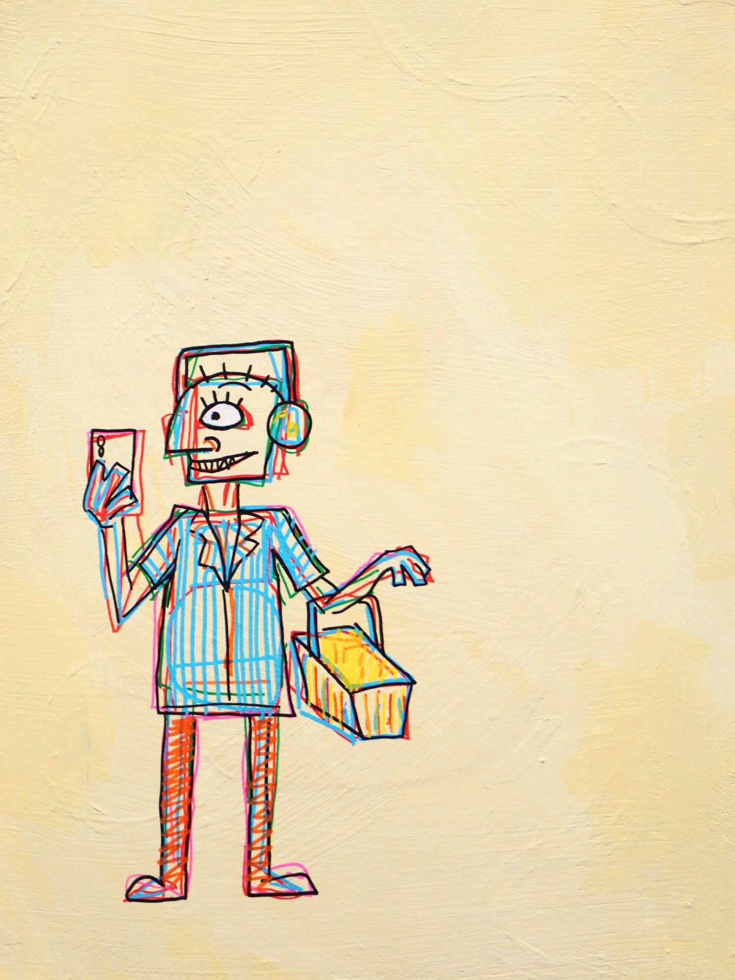Colorful Figurative art illustration of a quirky figure holding a phone and casket on yellow background.