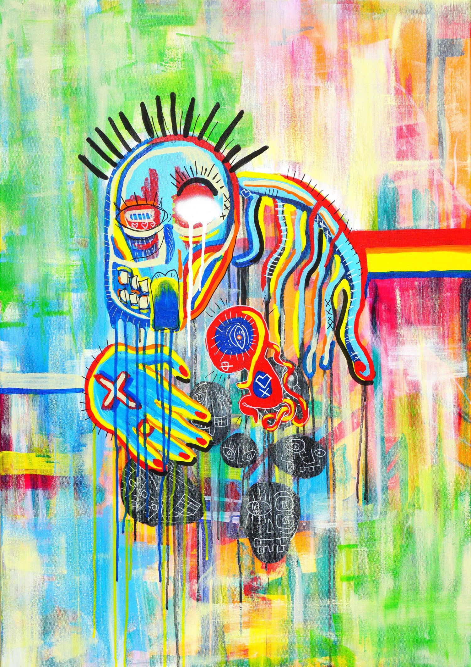 Vivid abstract painting of a blue creature with dripping paint, eye motifs, and bold primary colors on green background.