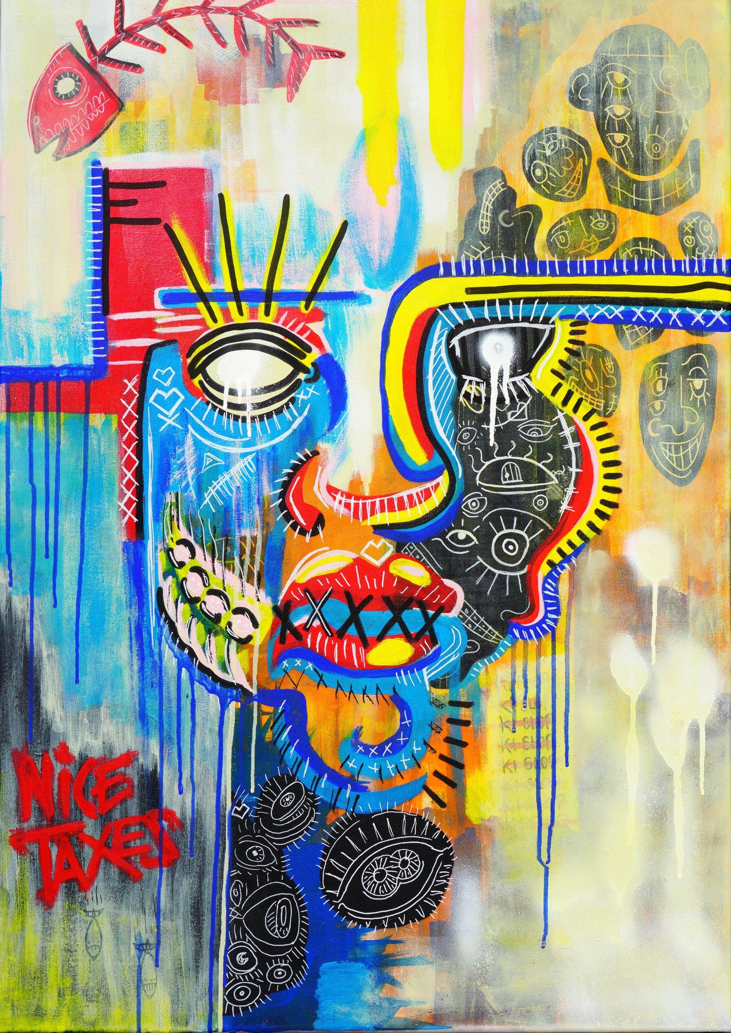 Bold street art-style face painting with fish, gears, and graffiti text reading Nice Taxes on colorful background.