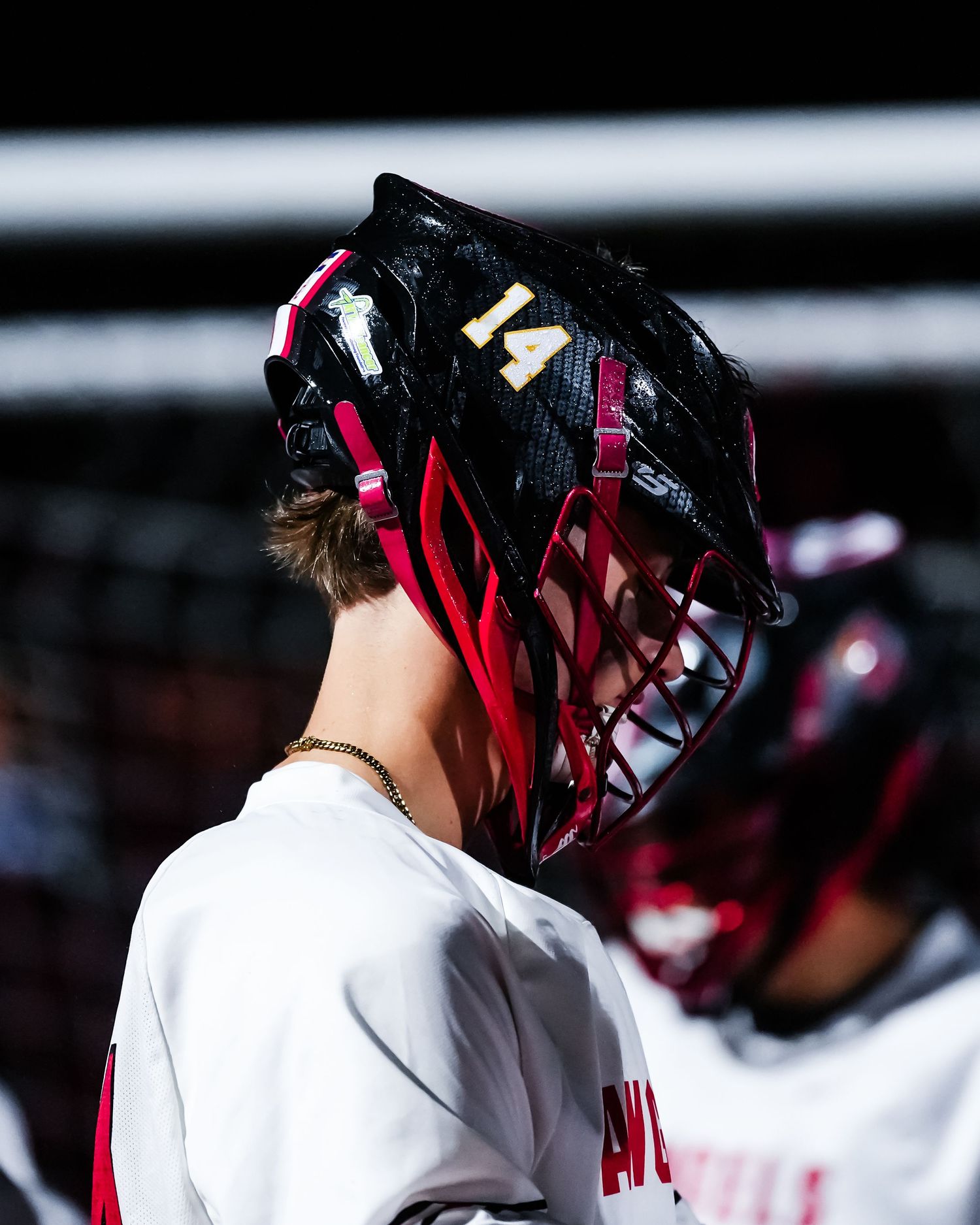 Lacrosse player helmet closeup.