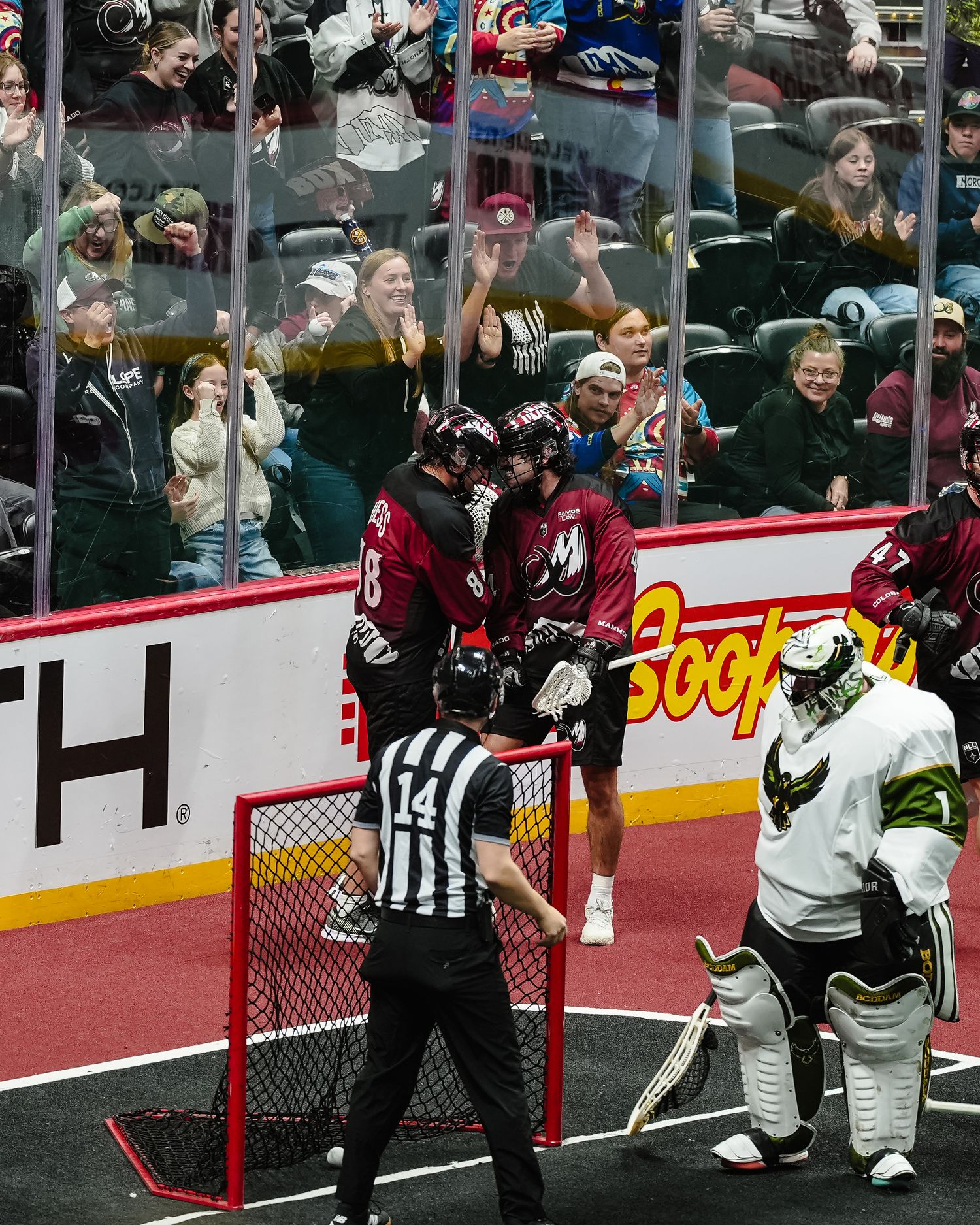 Lacrosse players celebrate a goal.