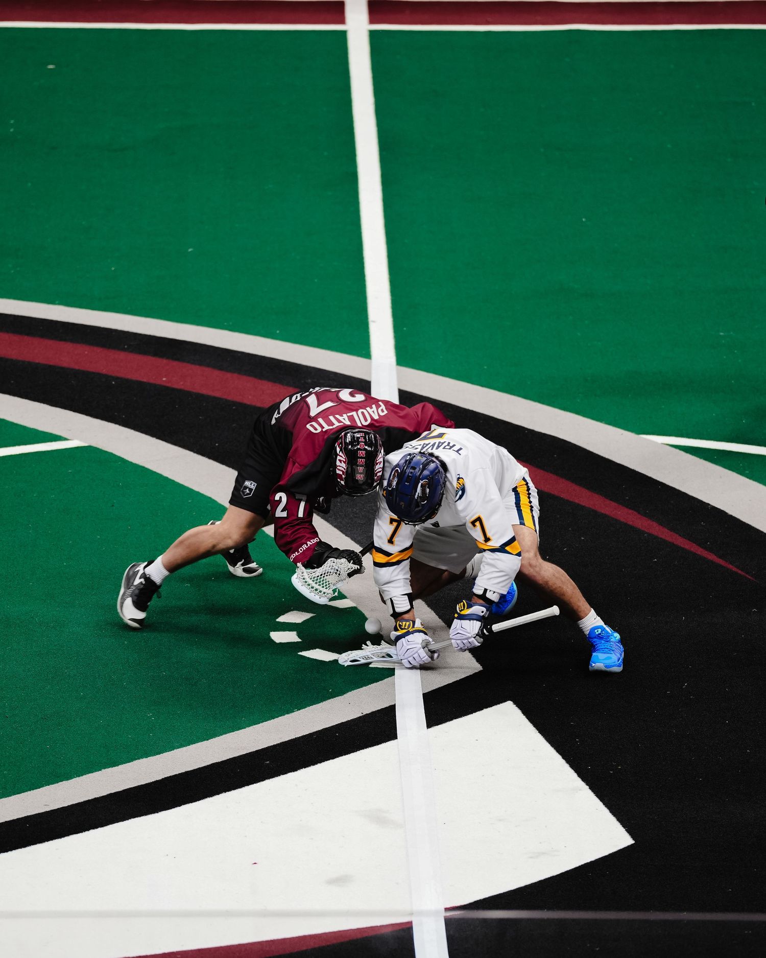 Lacrosse players faceoff.