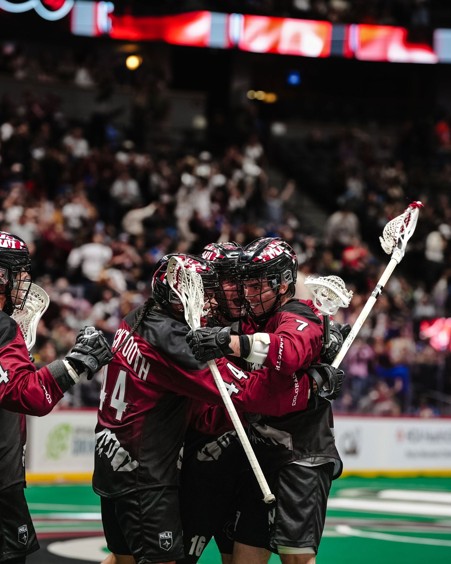 Team celebrates together after scoring during indoor lacrosse match.