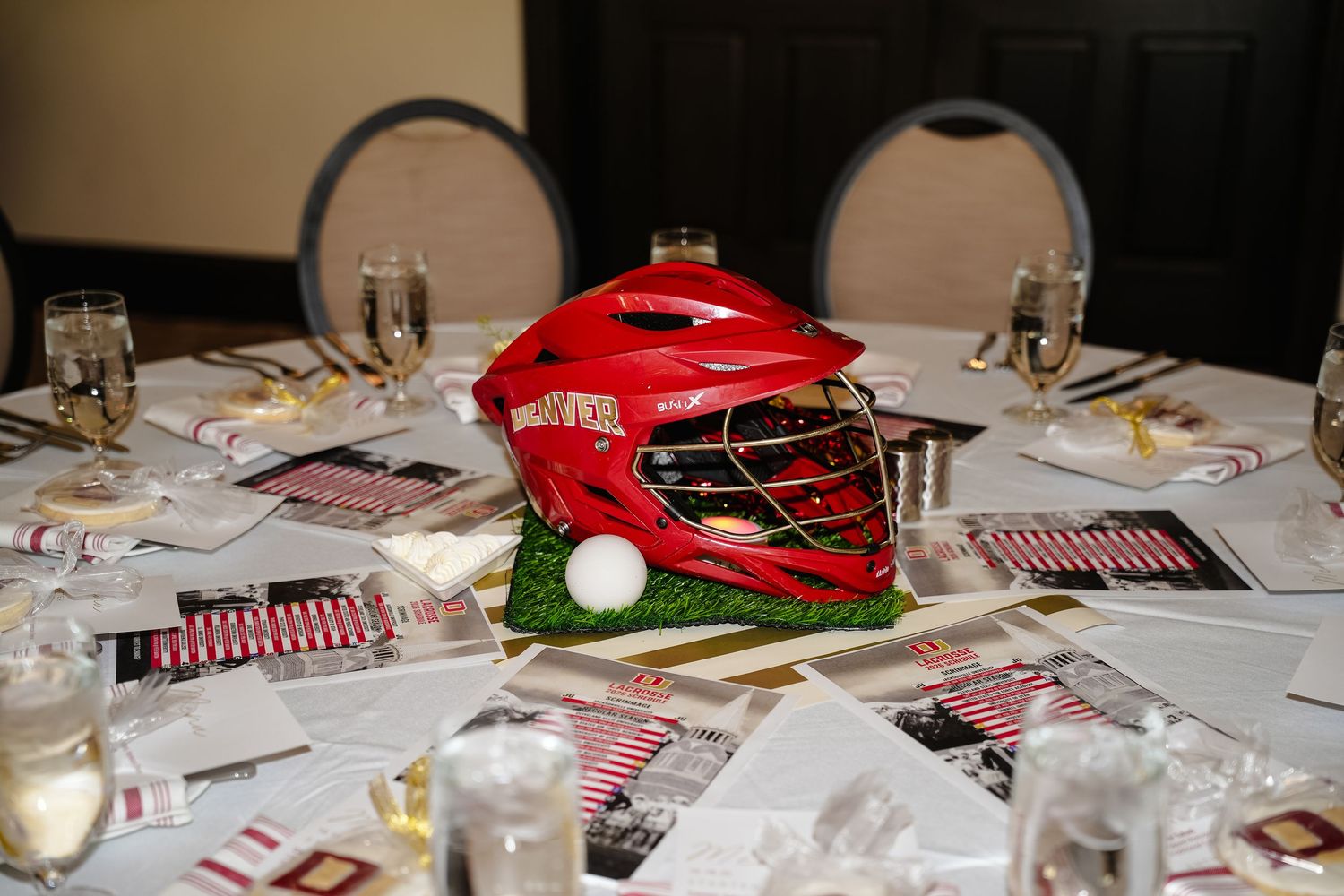 Helmet shot on a dinner table.