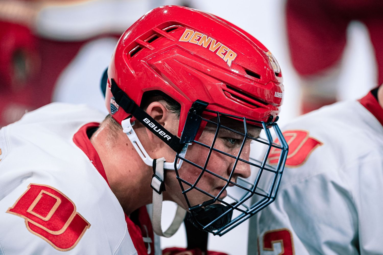 Close-up of Denver hockey player.