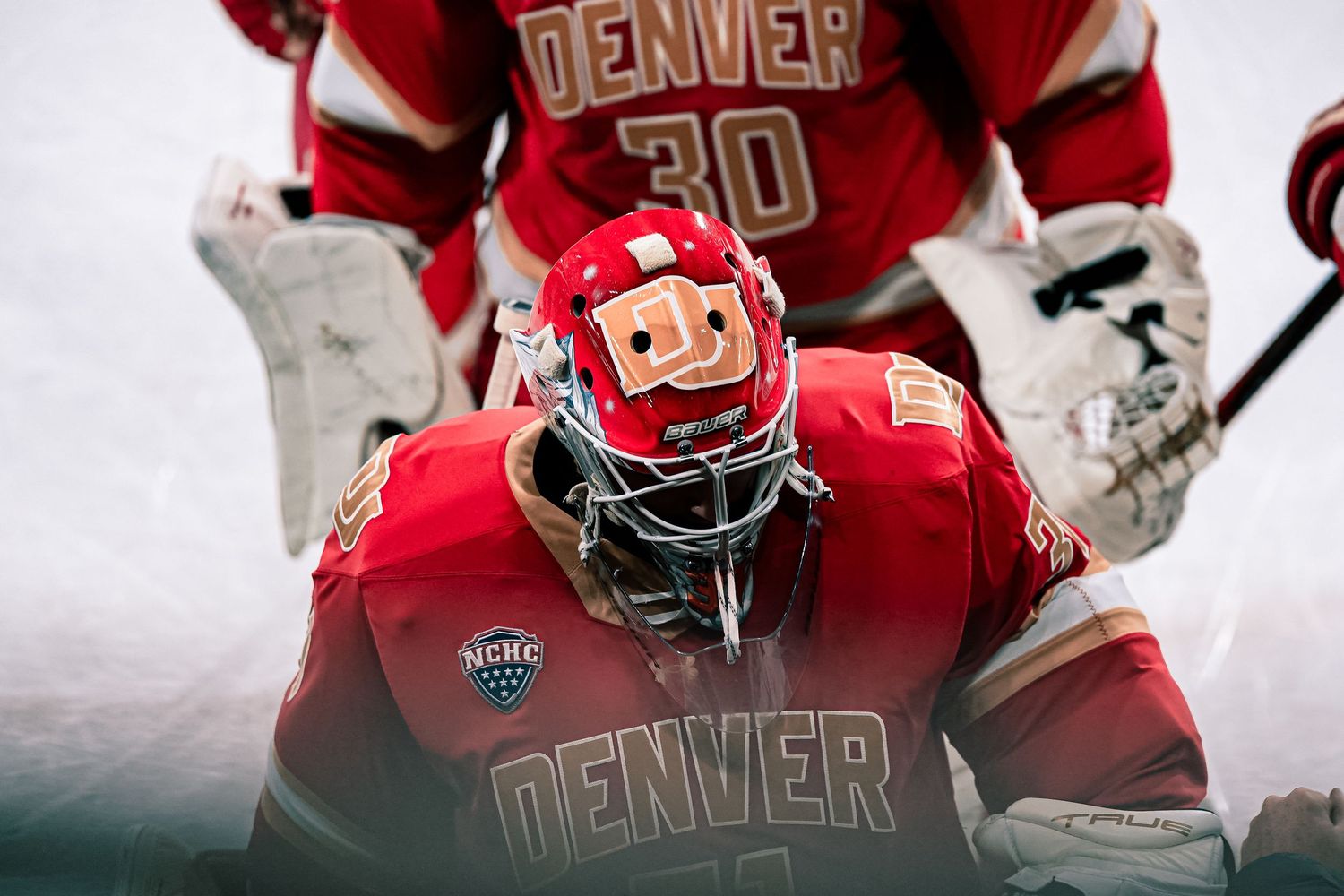 Close-up view of Denver hockey player.