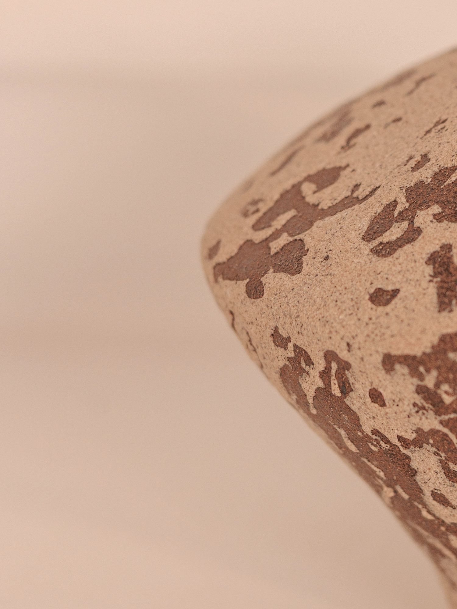 Close-up of a speckled ceramic vase with brown and beige tones against a soft neutral background.