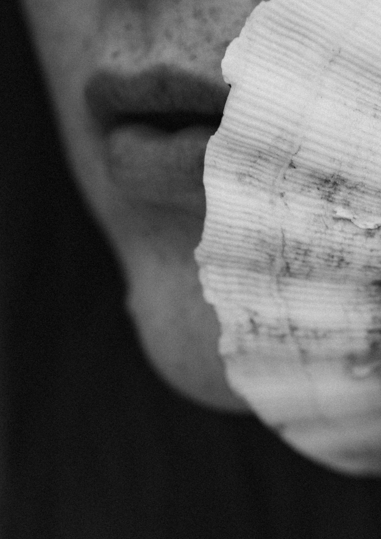 Black and white close-up of lips partially obscured by a torn piece of sheet music.