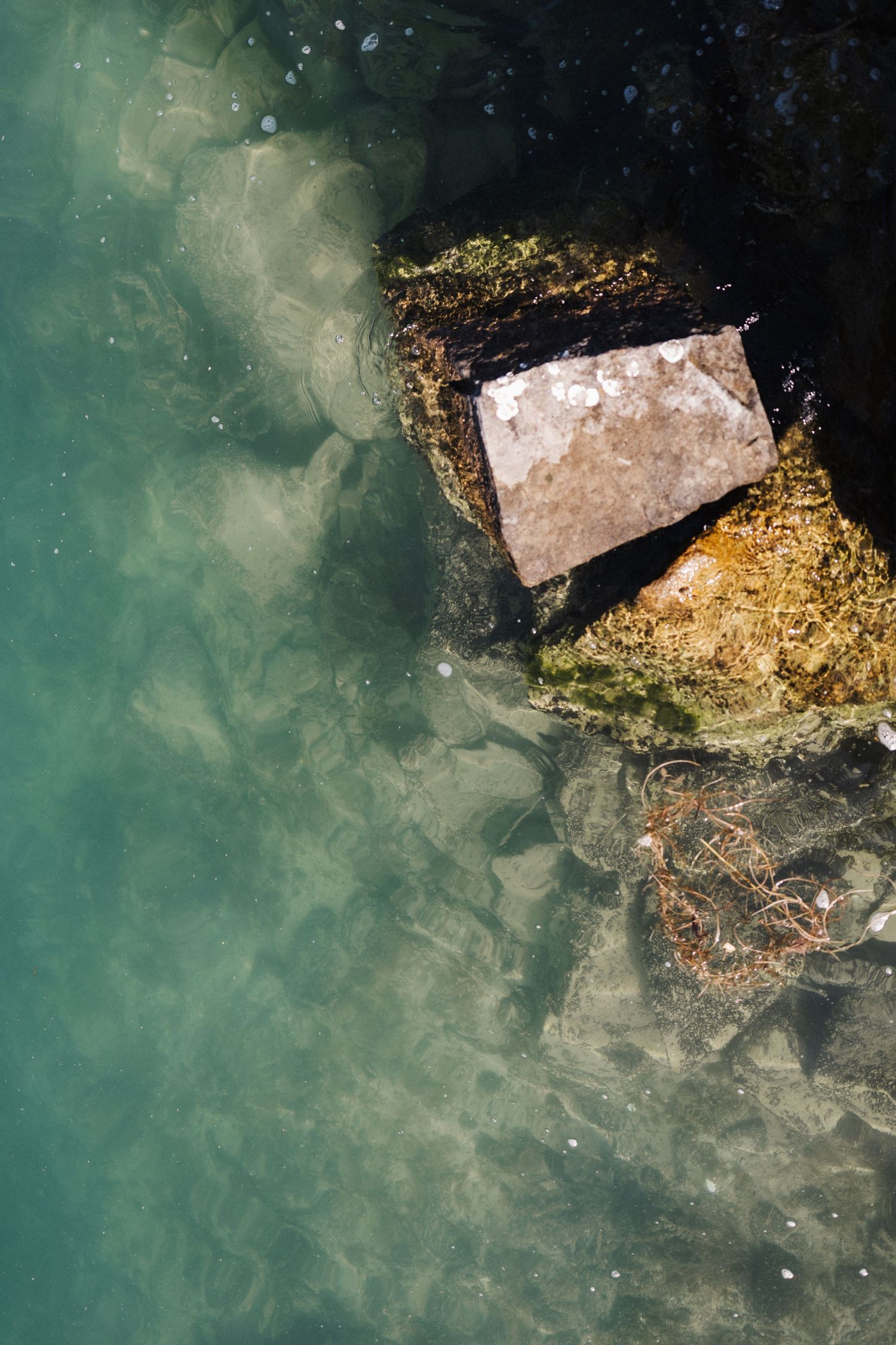 Clear turquoise lake water surrounding mossy rocks with visible underwater stones below.