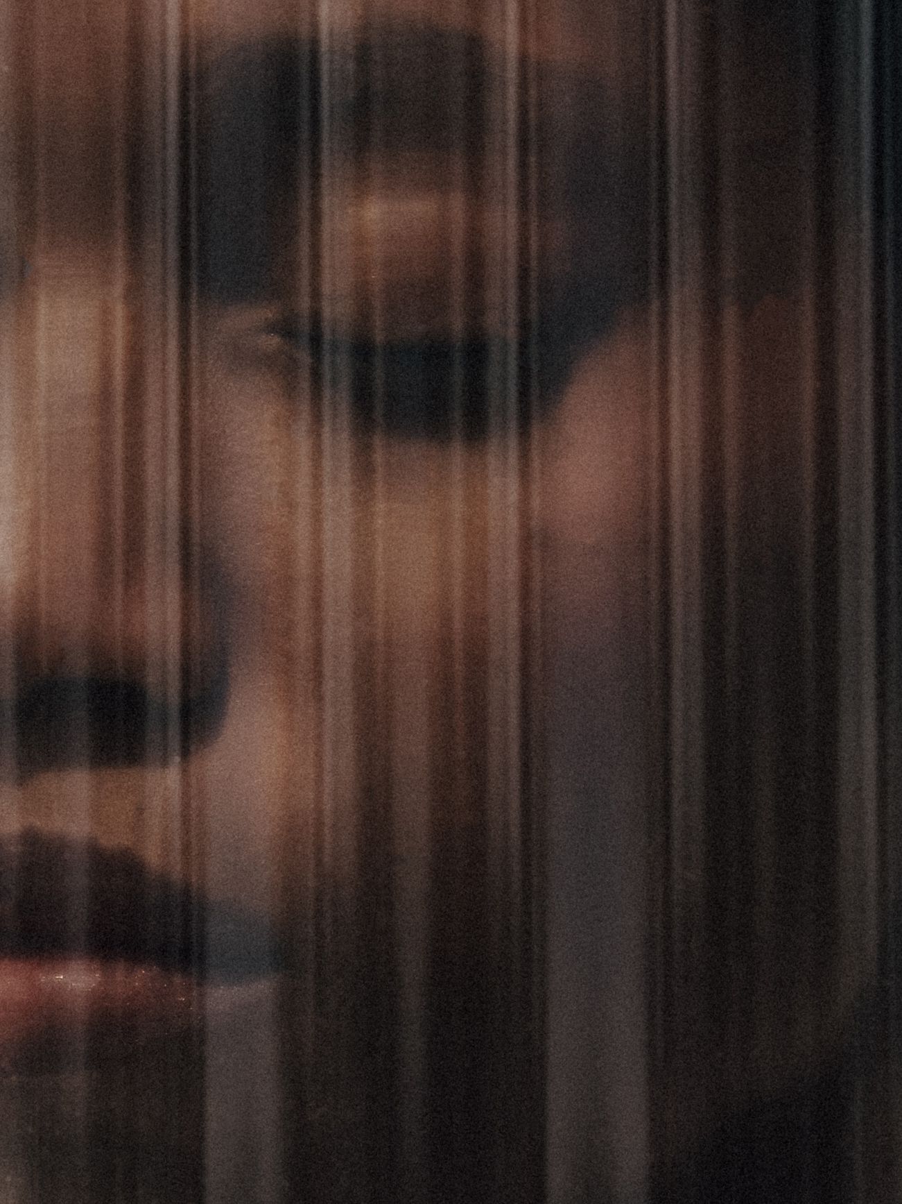Abstract close-up portrait of a face viewed through vertical striped glass panels.