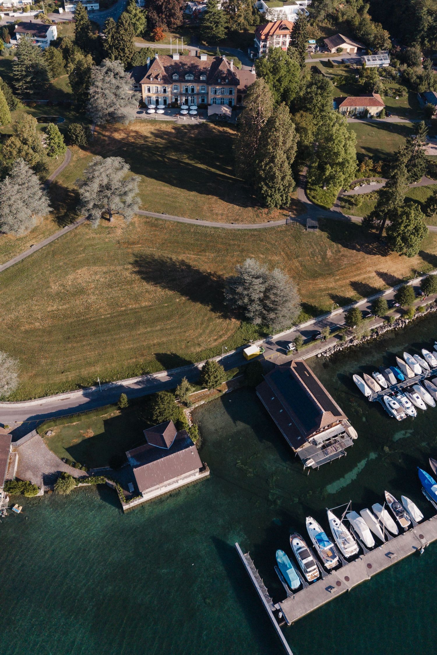 Aerial view of a lakeside estate with marina, boats, and lush green grounds near the water.
