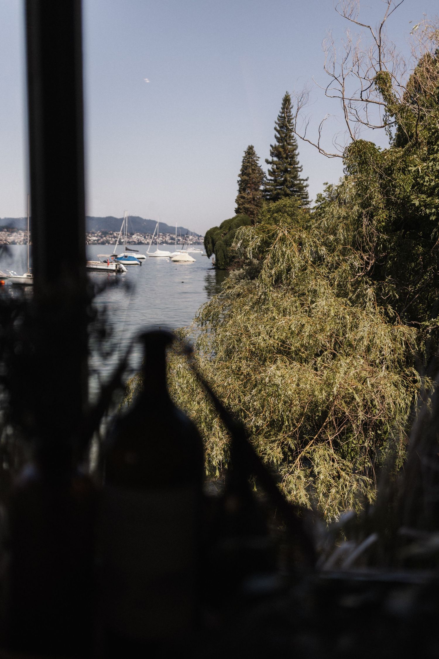 View through dark window of sailboats on lake with lush green trees and blue sky.