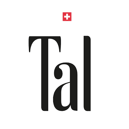 Tal brand logo with elegant black serif font and Swiss cross symbol on white background.