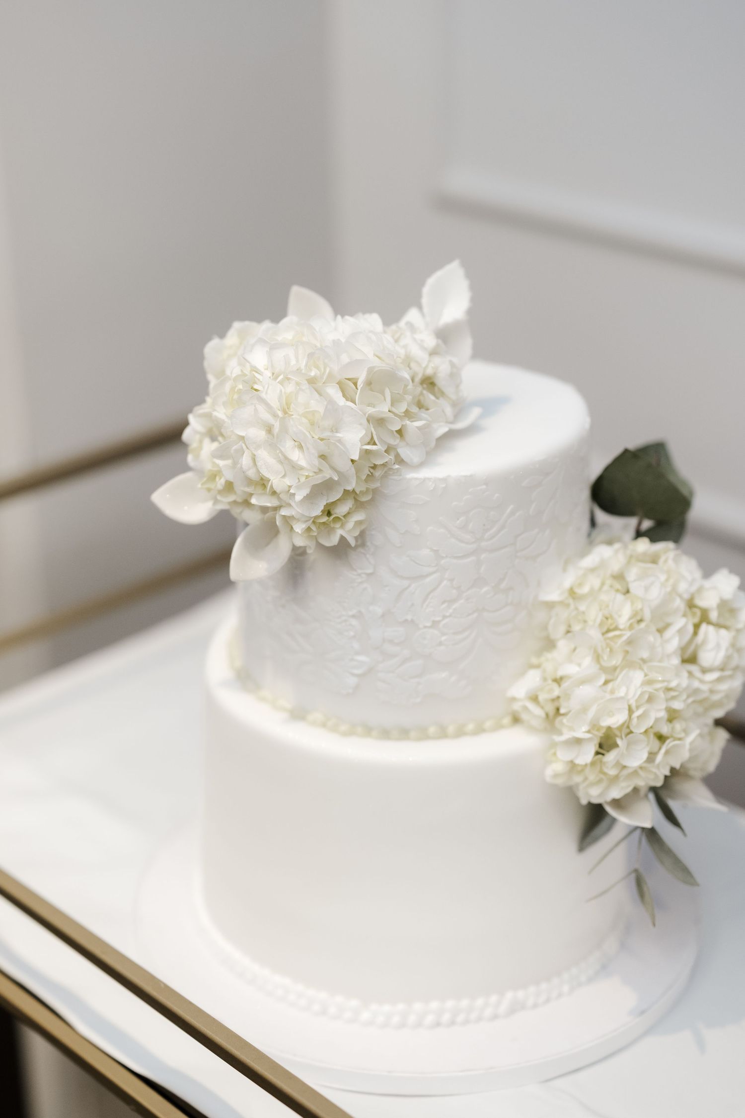 Classic two-tier white wedding cake adorned with white hydrangea blooms and subtle lace texture detail.