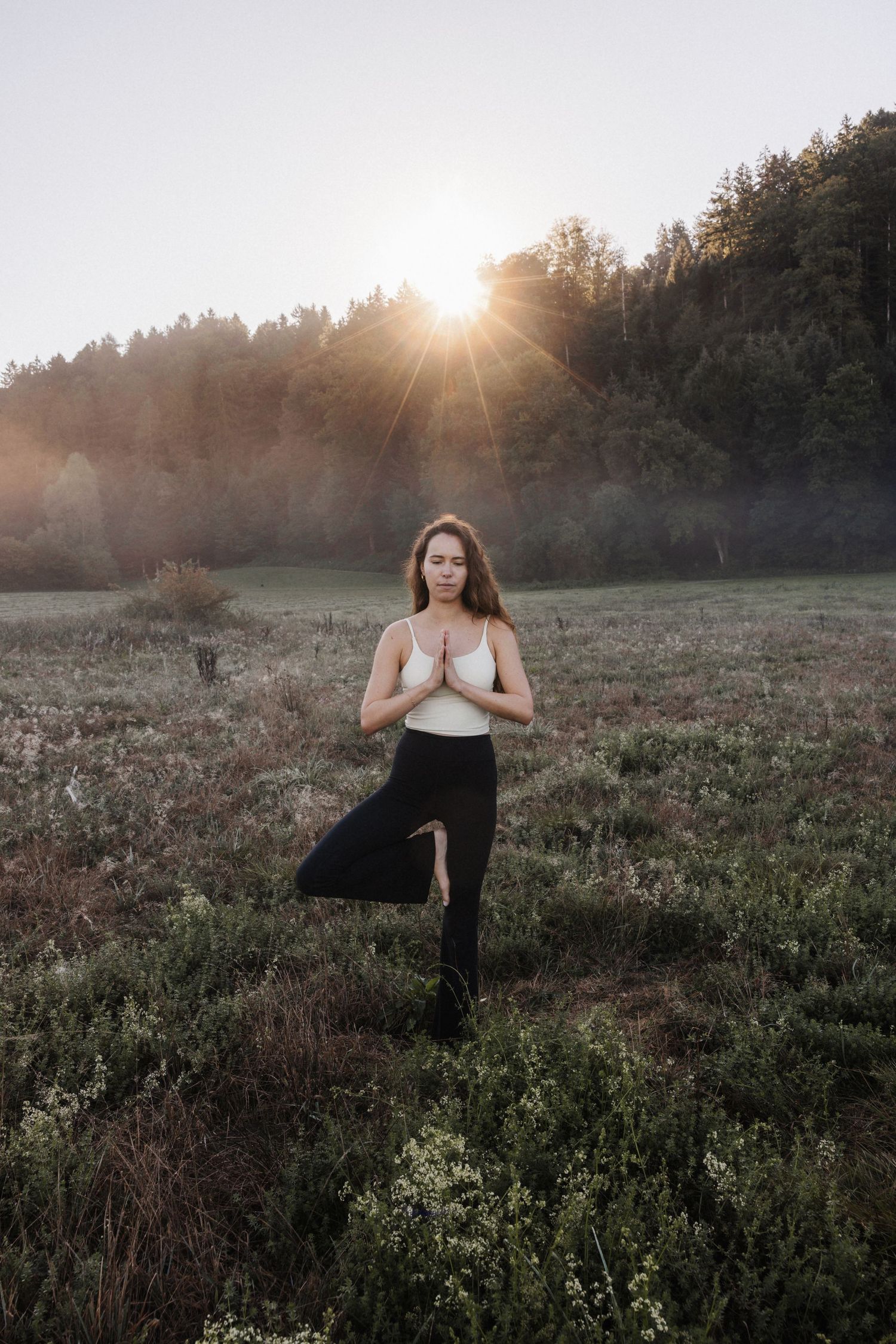 Woman practicing tree pose yoga in a misty meadow at sunrise with forest and sun rays behind her.