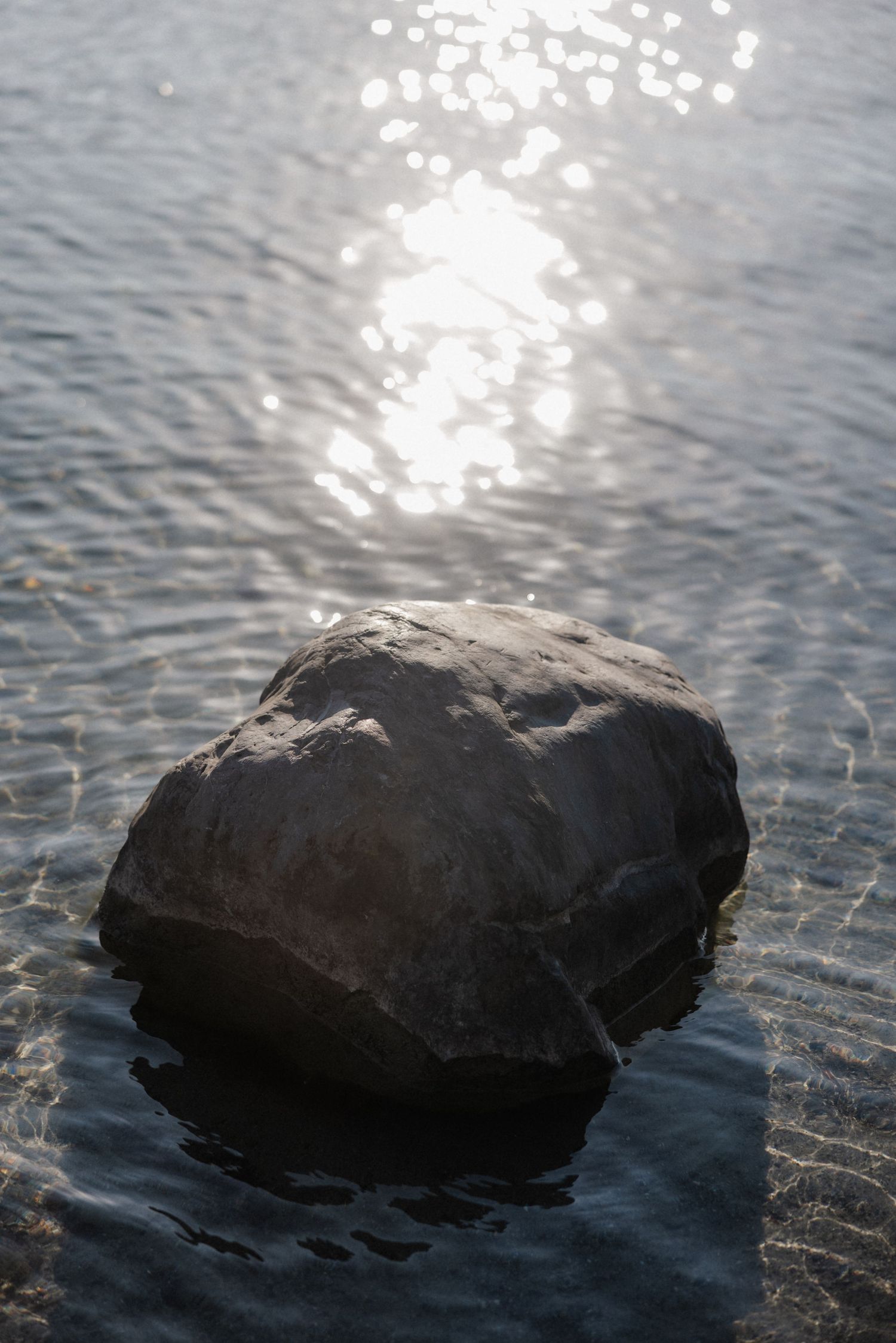 Large rock partially submerged in shallow sparkling water with sunlight reflecting on the surface.
