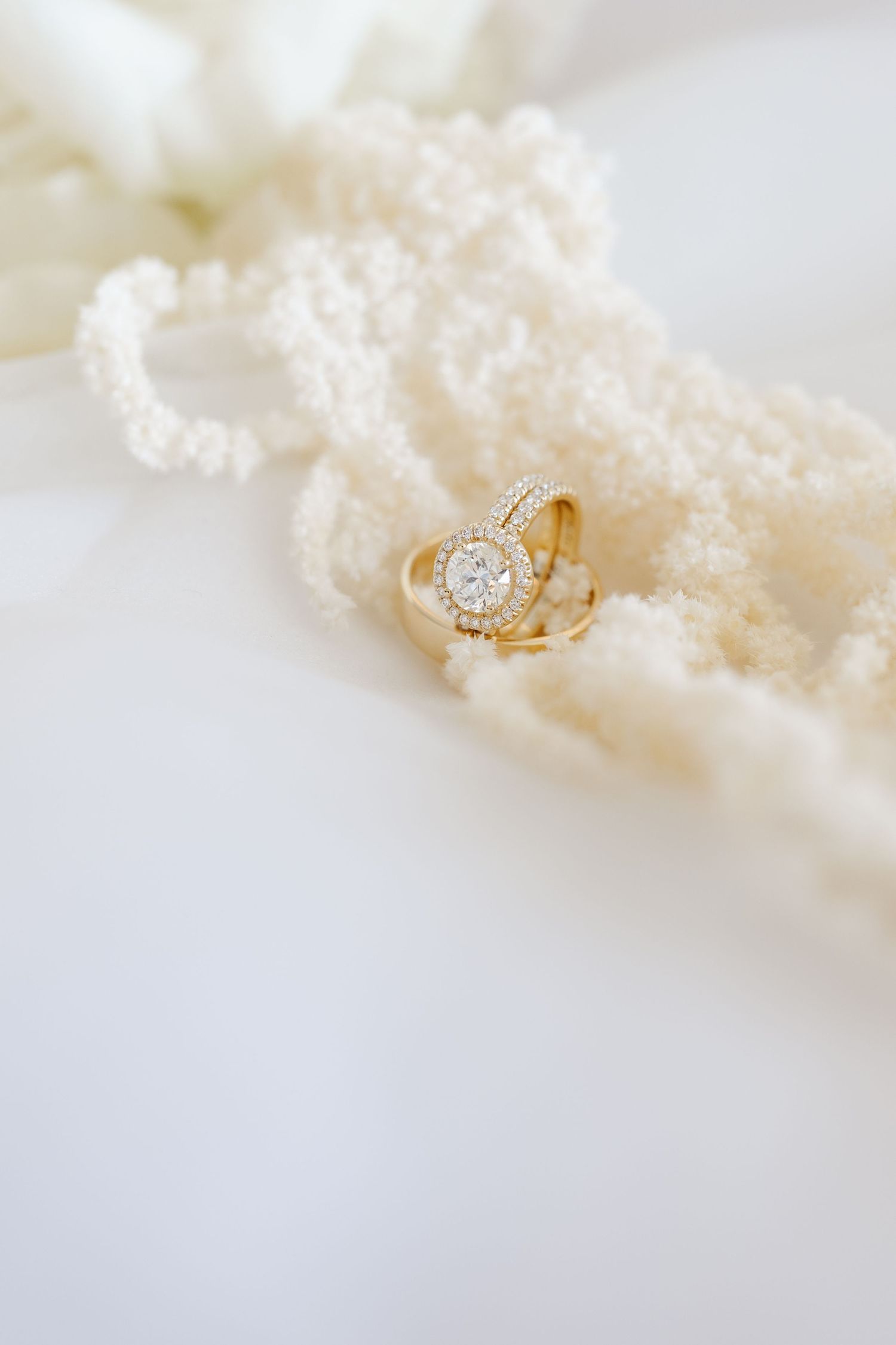 Gold halo diamond engagement ring nestled among twisted ivory seed pearl necklace on white background.