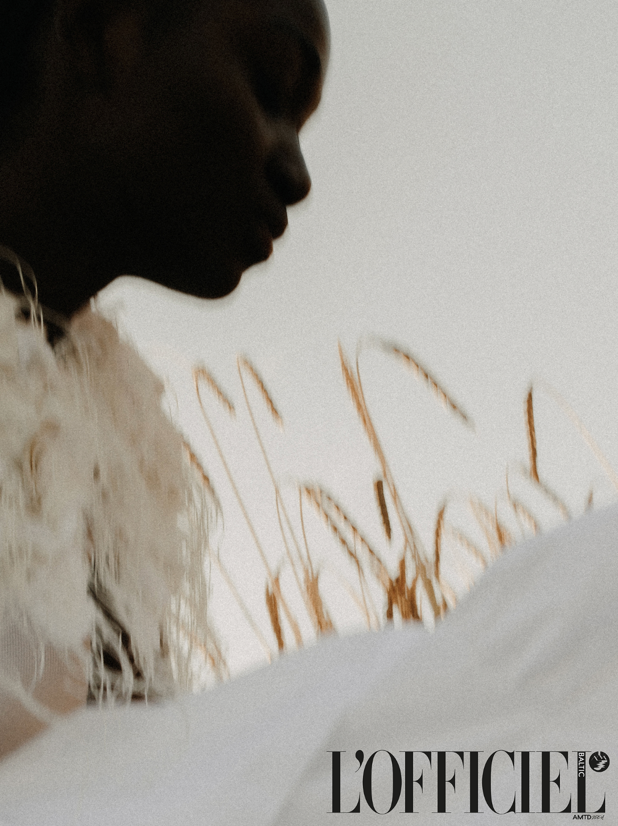 Silhouette of a woman's profile against a white background with dried golden grasses in an artistic fashion editorial.