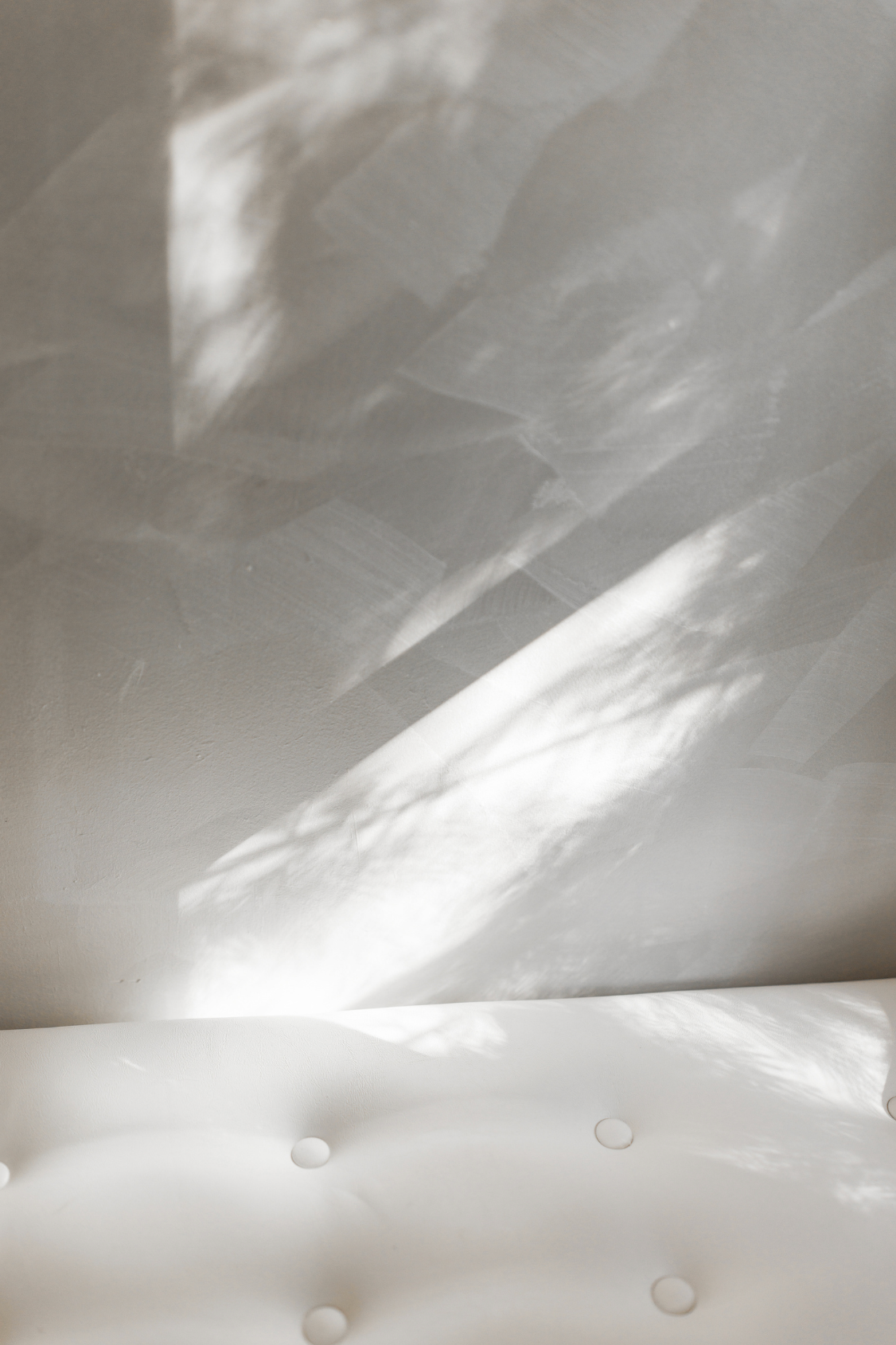 Soft natural light casting dappled shadows on a white marble wall above a tufted white leather surface.