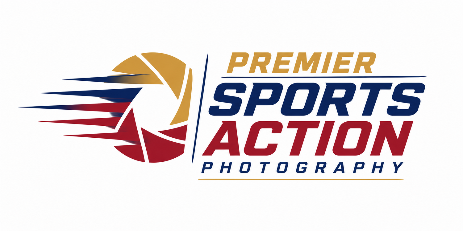 Premier Sports Action Photography logo featuring a dynamic camera shutter design in red, blue, and gold colors.