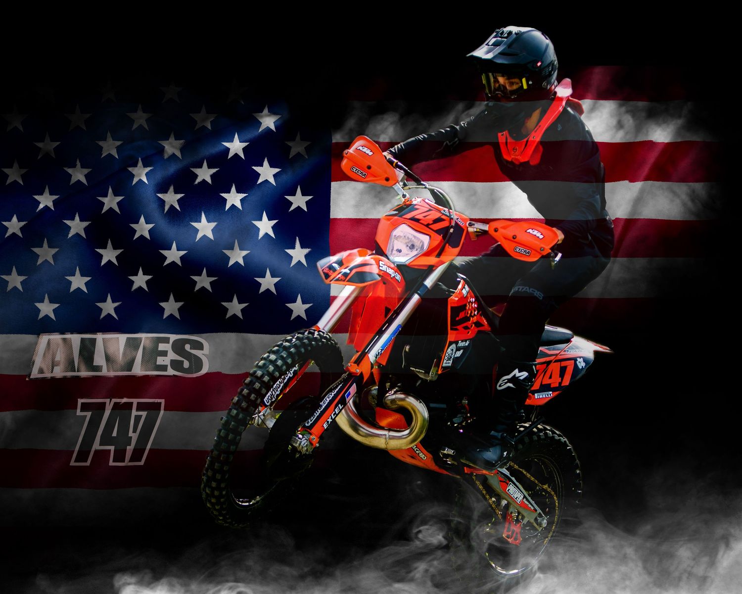 Motocross rider number 747 Alves performing jump trick with American flag background.