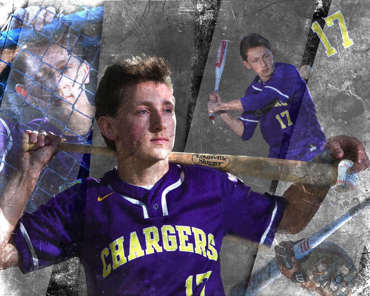 Baseball player in purple Chargers jersey number 17 poses with bat in a composite sports portrait photo.