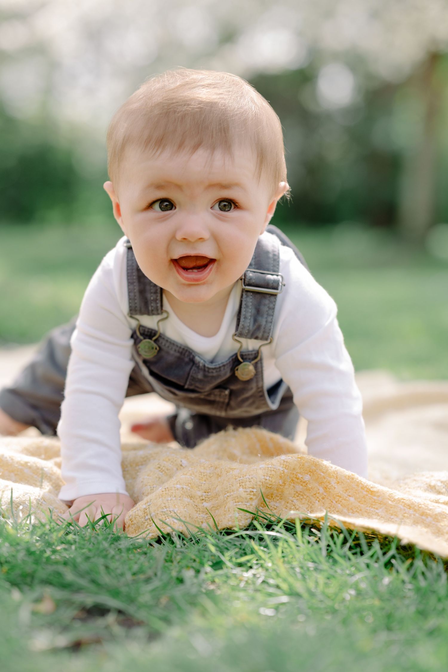 Happy baby in denim overalls crawling on a blanket in a sunlit garden with blooming trees. Baby photoshoot in Eastbourne, Sussex.