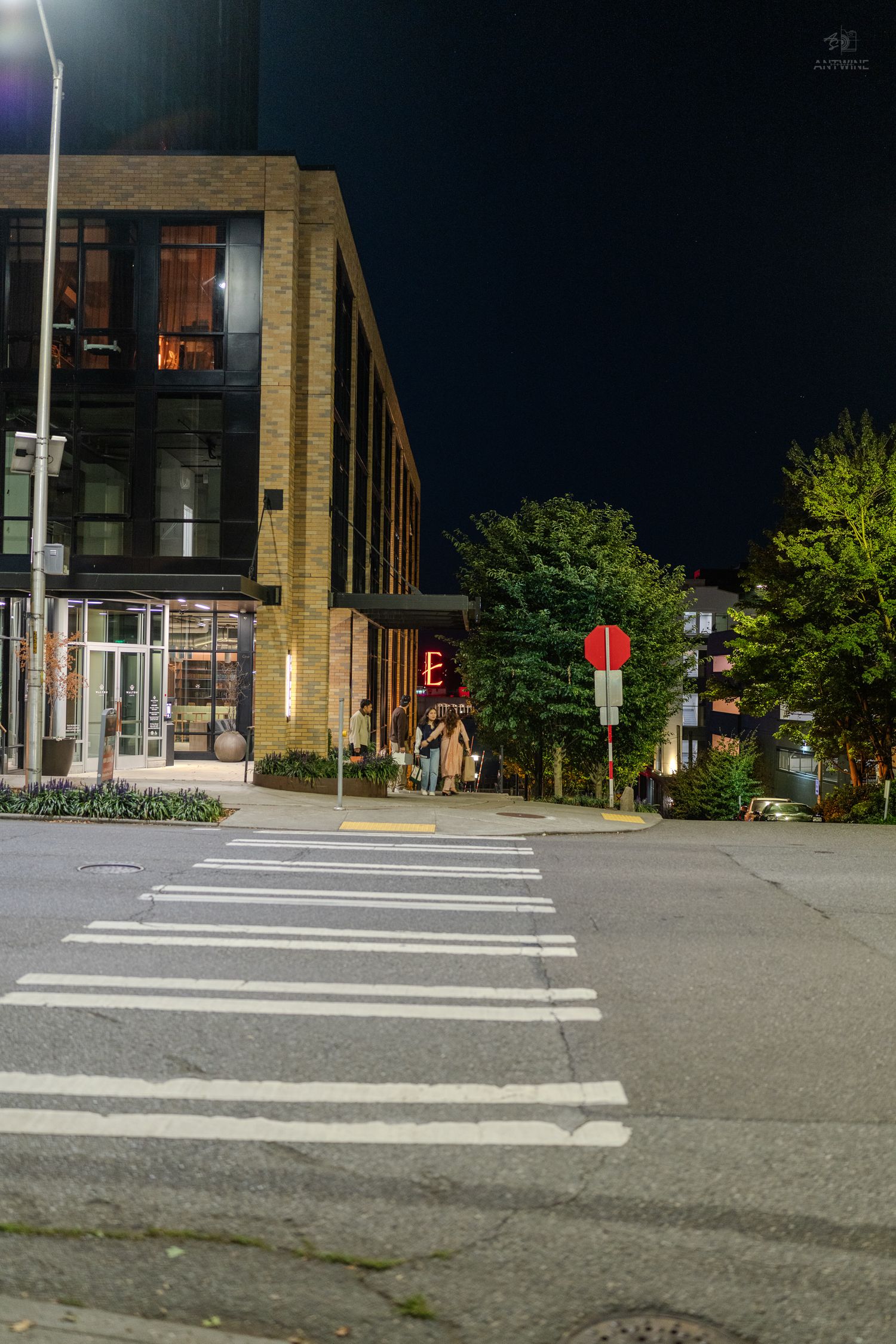 Nighttime urban street corner with crosswalk, stop sign, trees, and modern brick building illuminated by streetlights.