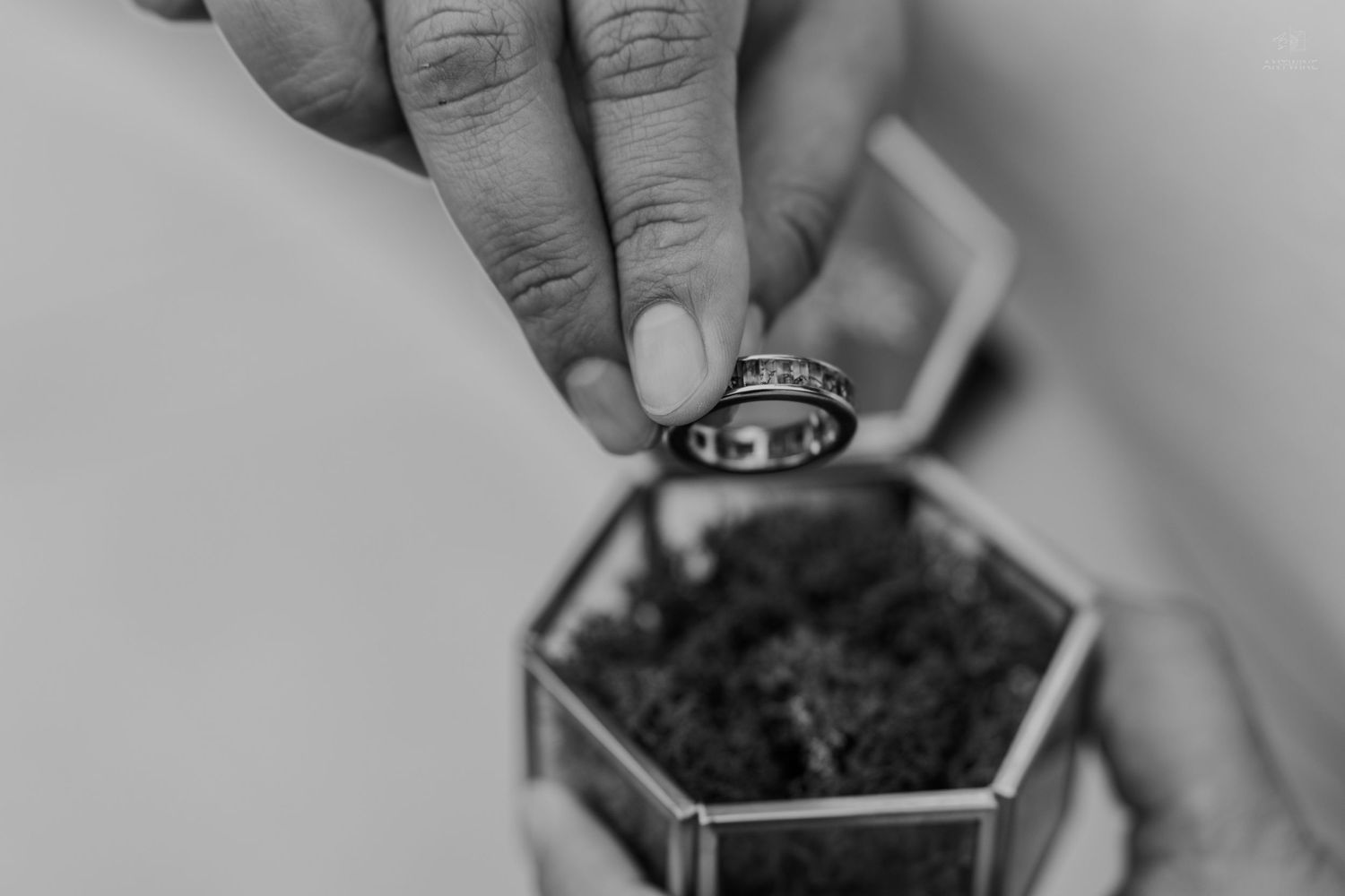 Close-up black and white photo of a hand placing a ring into a geometric glass box.