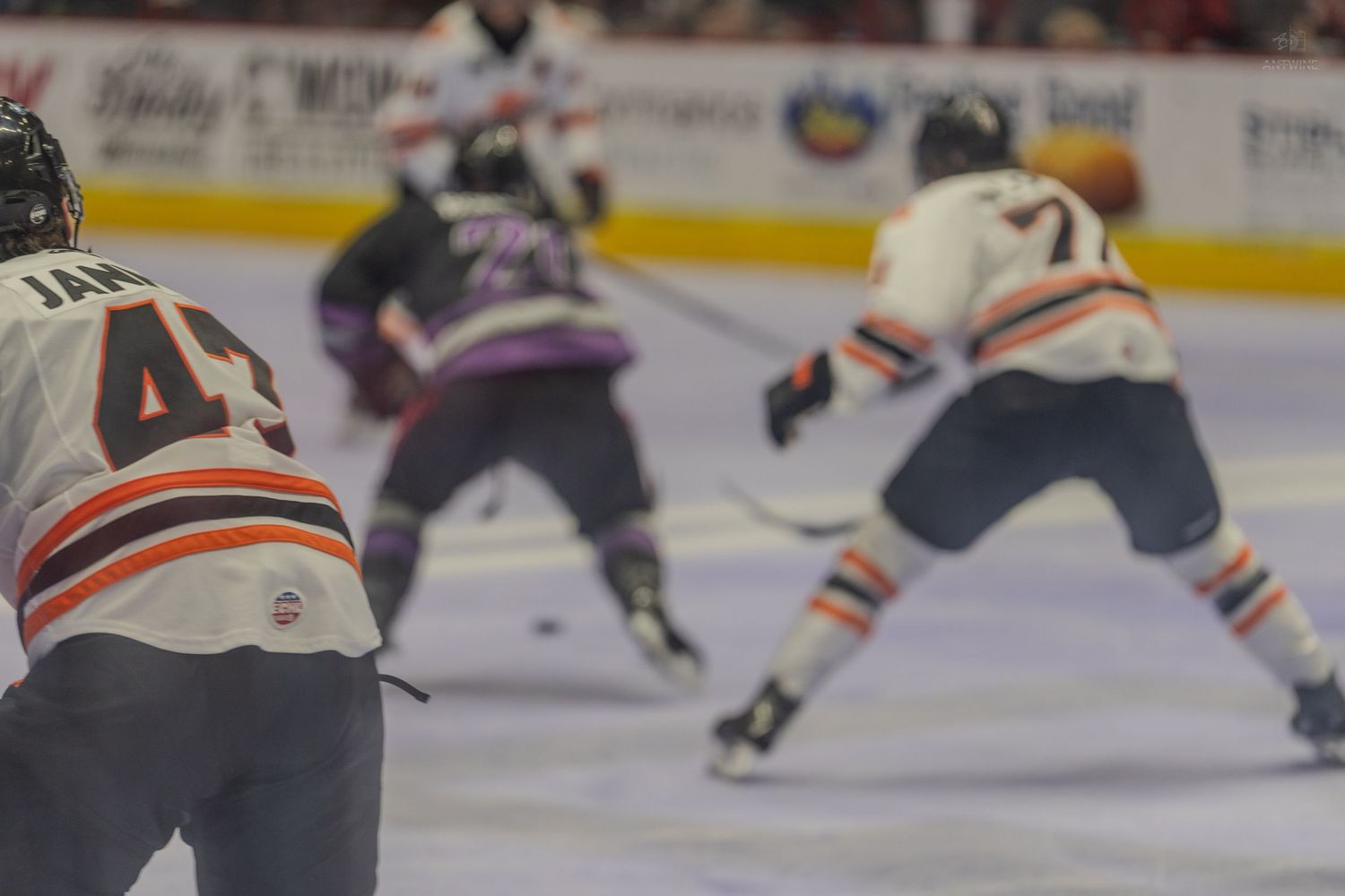 Hockey players in white and orange jerseys compete on the ice during a professional hockey game.