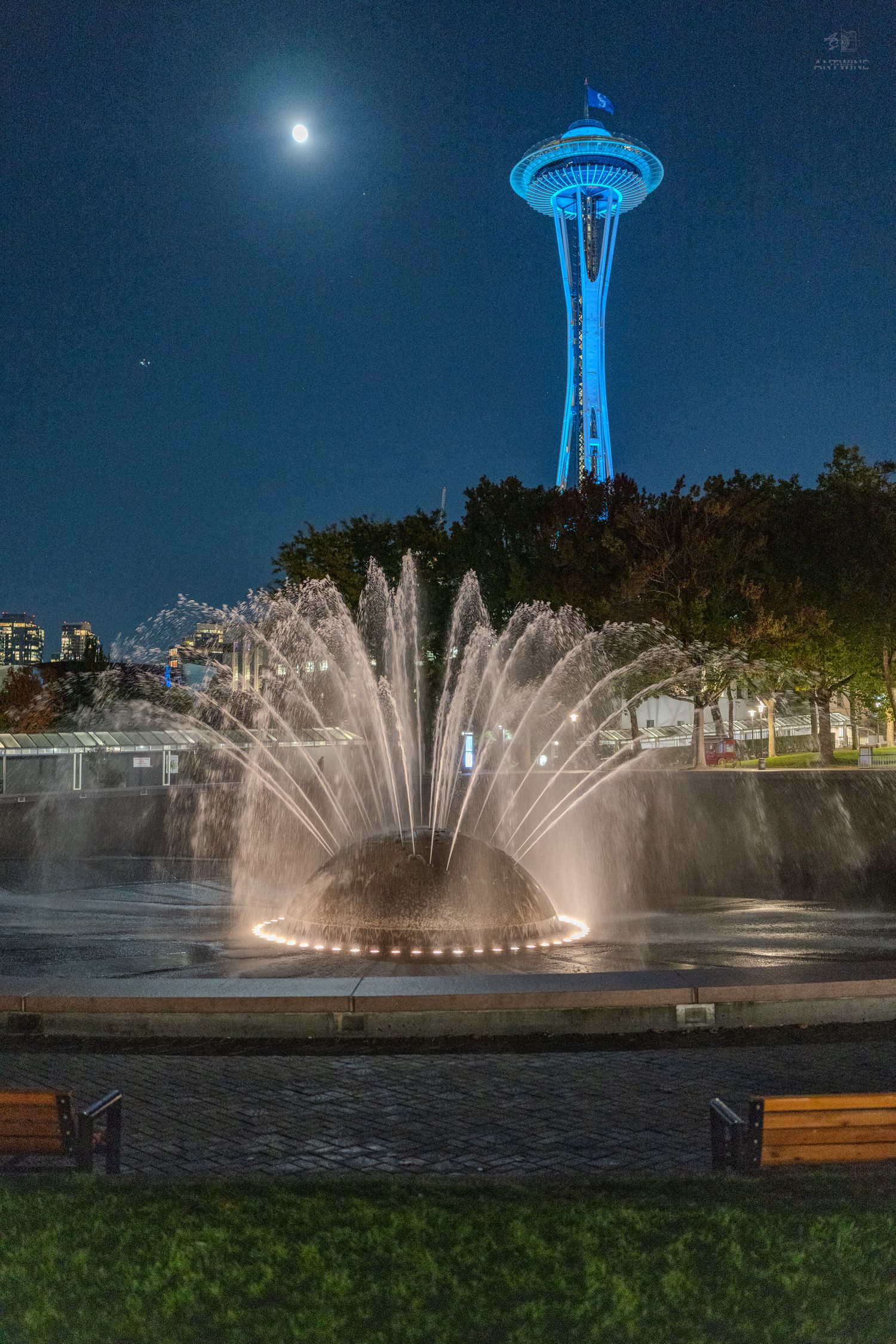 Seattle Space Needle lit in blue at night with a glowing fountain and full moon in the foreground.