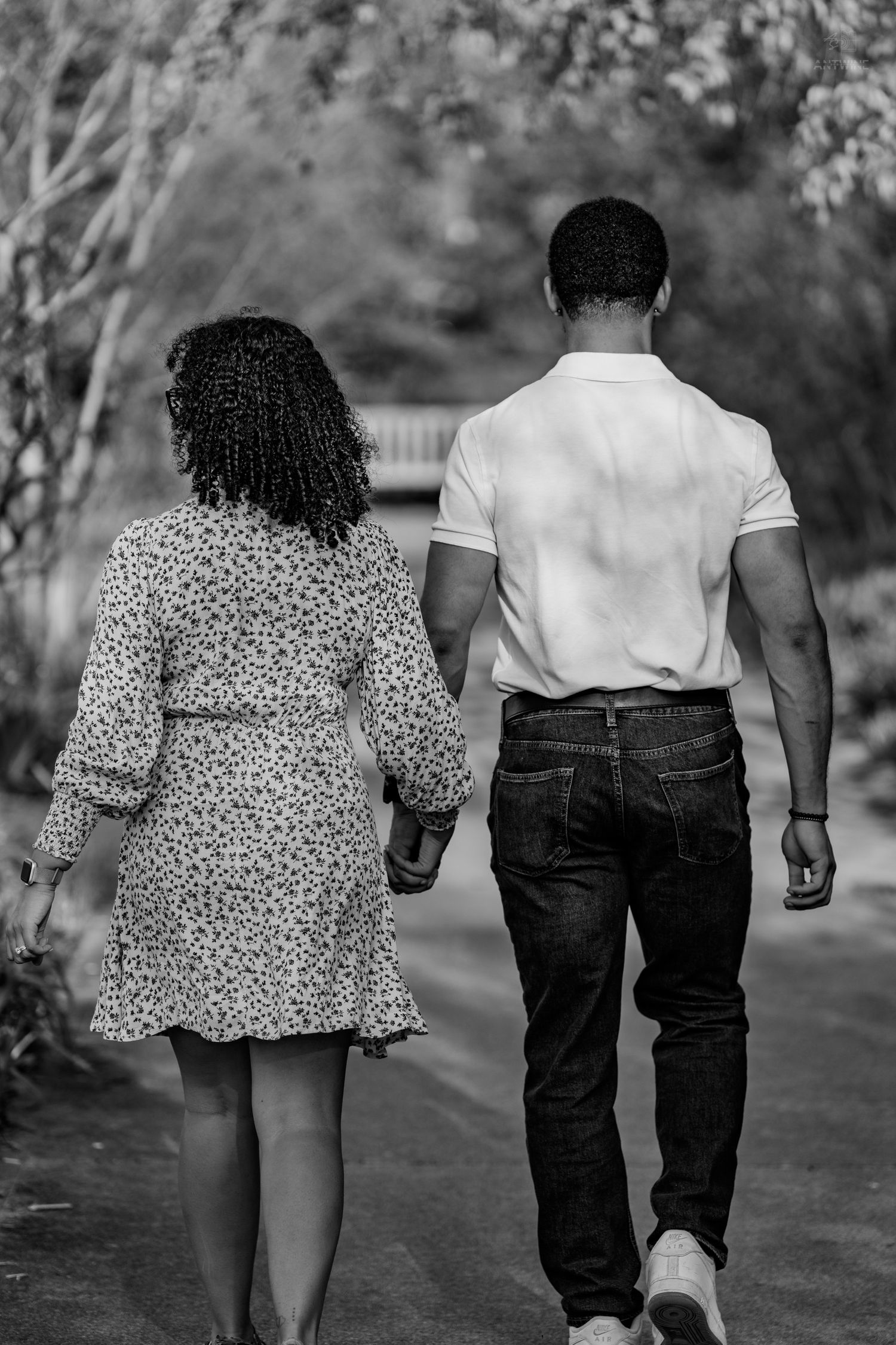 Black and white rear view of a couple holding hands walking down a tree-lined park pathway together.