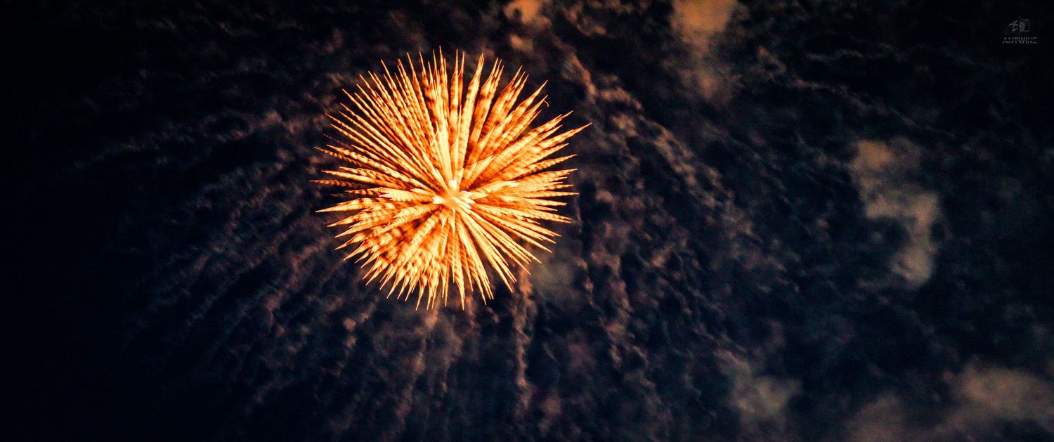 Close-up of a single golden firework explosion bursting against a dark night sky in a starburst pattern.