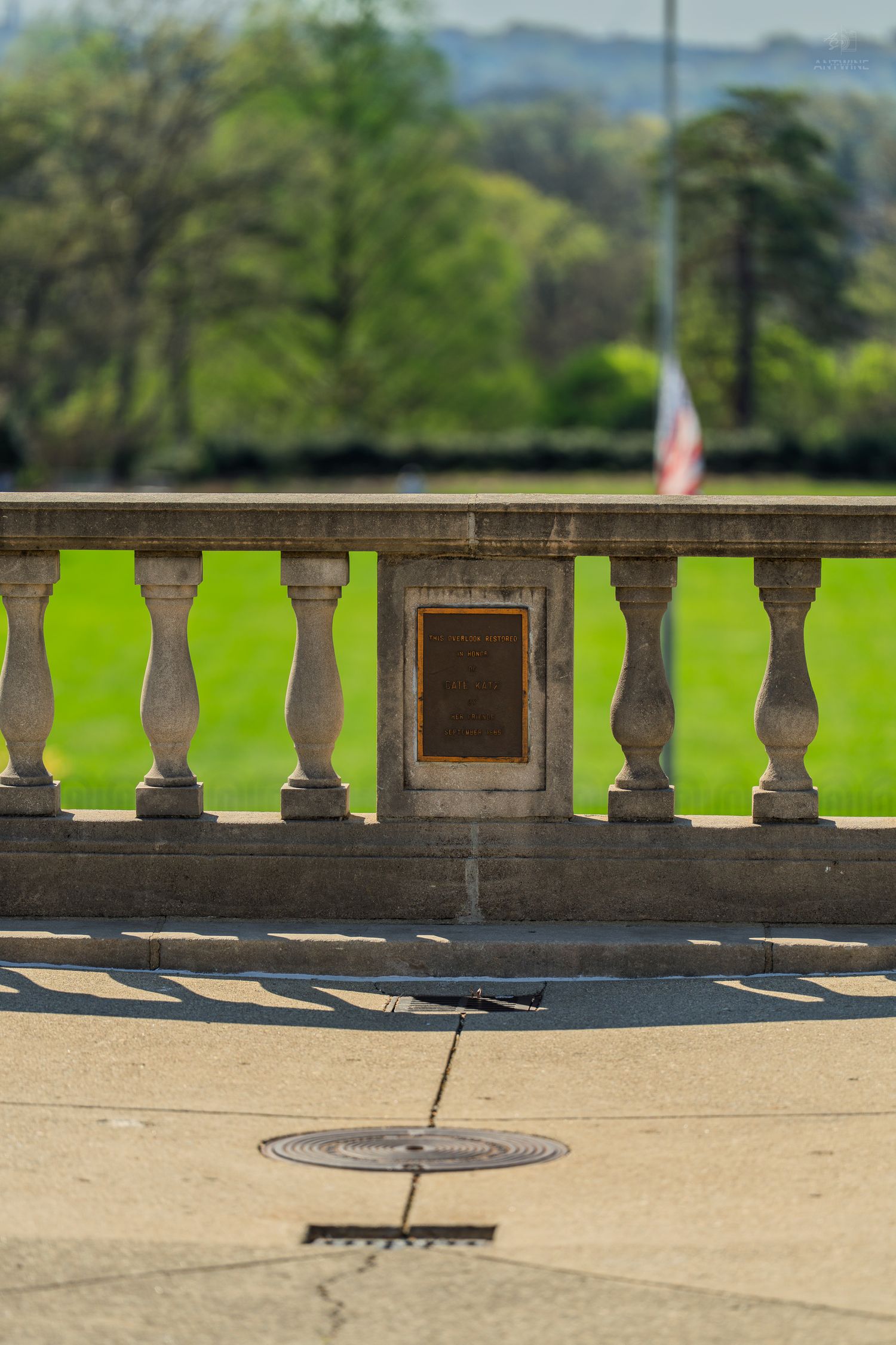 Stone balustrade terrace with a bronze plaque, circular drain, and American flag visible in the background.