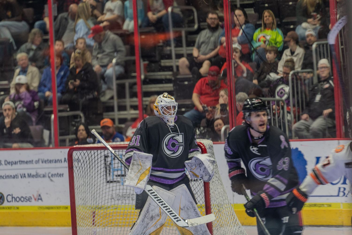 Hockey goalie in purple and black uniform stands in net during an indoor ice hockey game with fans in background.