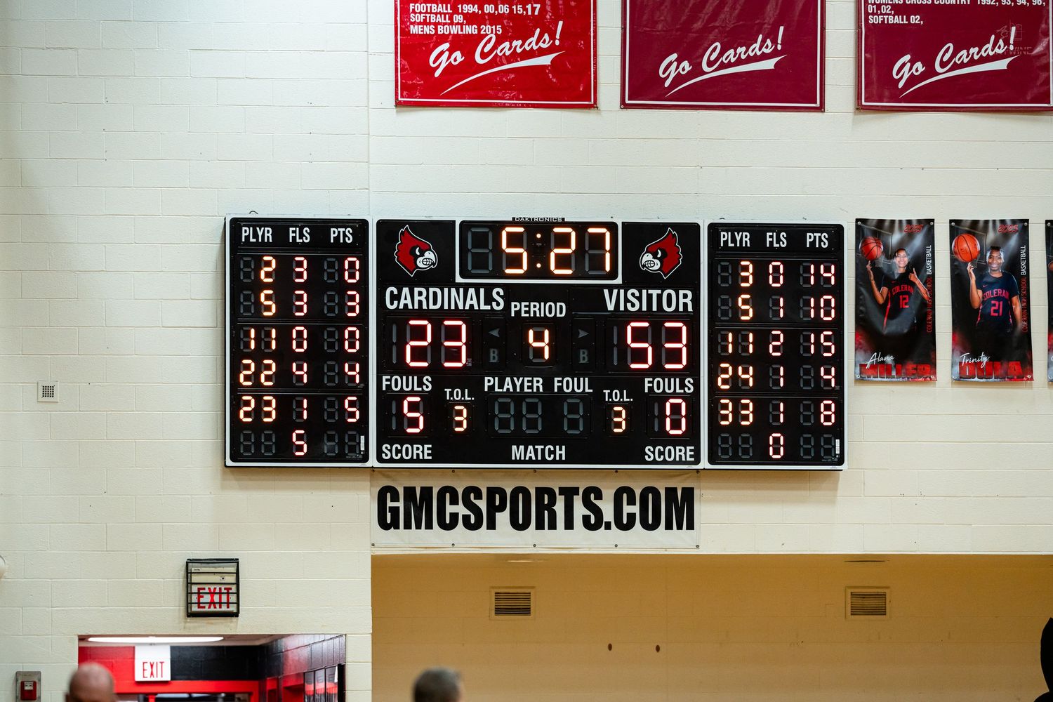Cardinals vs Visitors basketball scoreboard showing 5:27 remaining with Cardinals trailing 23-53.