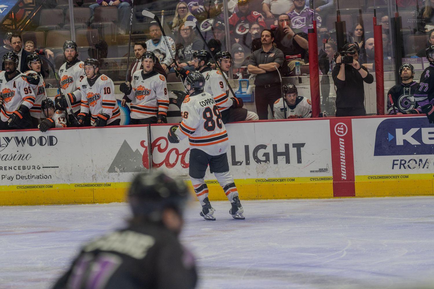 A hockey player in orange and white celebrates near the boards in front of a cheering crowd.