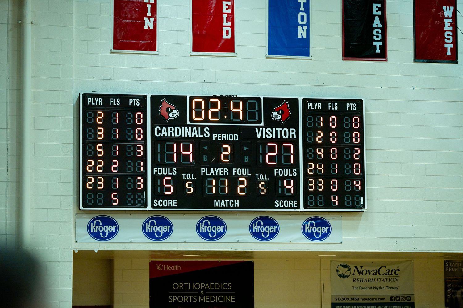 Basketball scoreboard shows Cardinals leading Visitor 14-23 with 2.4 seconds remaining.