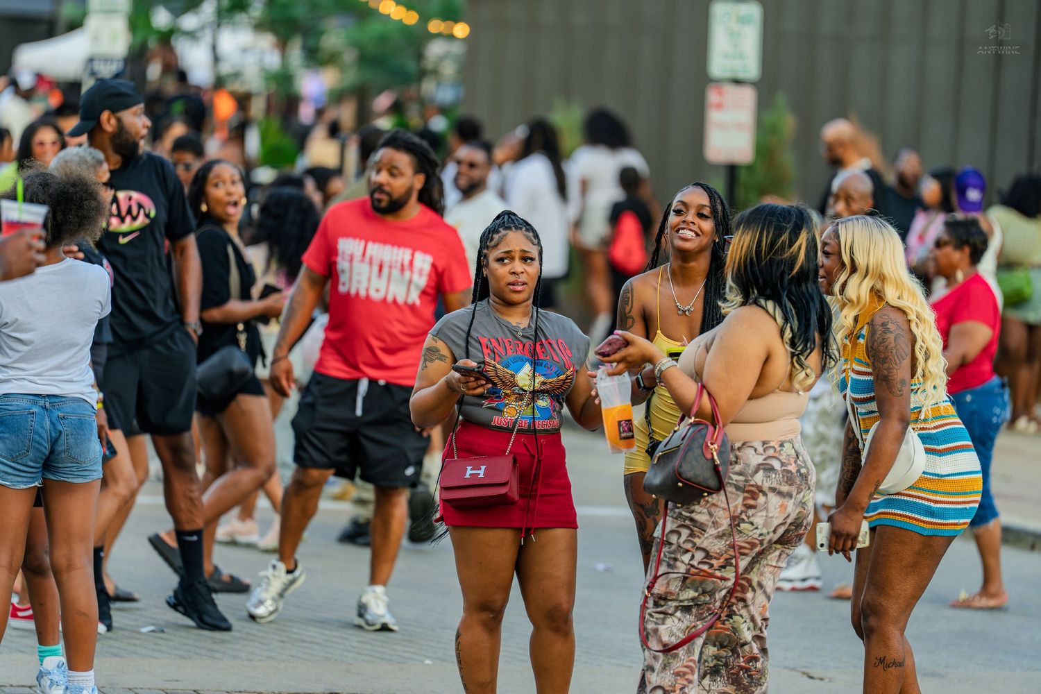 Crowd of people enjoying a lively outdoor Juneteenth block party event on a sunny day.