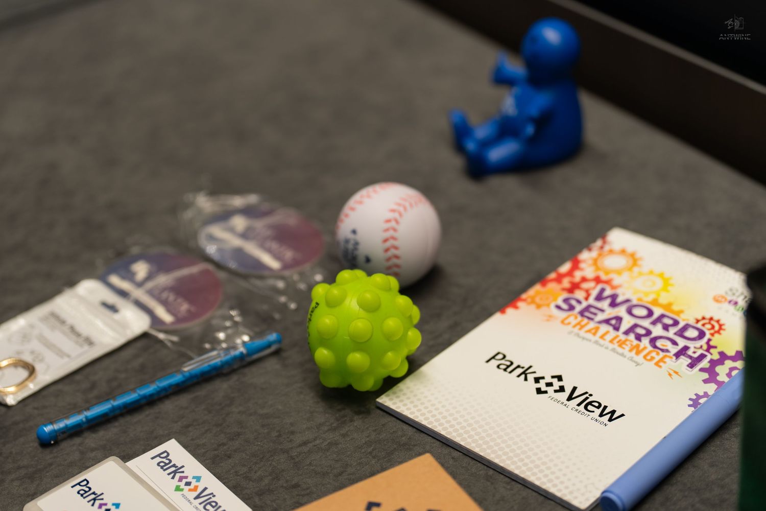 Park View branded merchandise including a baseball, stress ball, and word search booklet on a table.