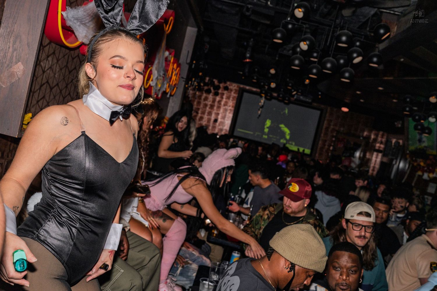 Woman in black bunny outfit entertains guests at a busy nightclub party.