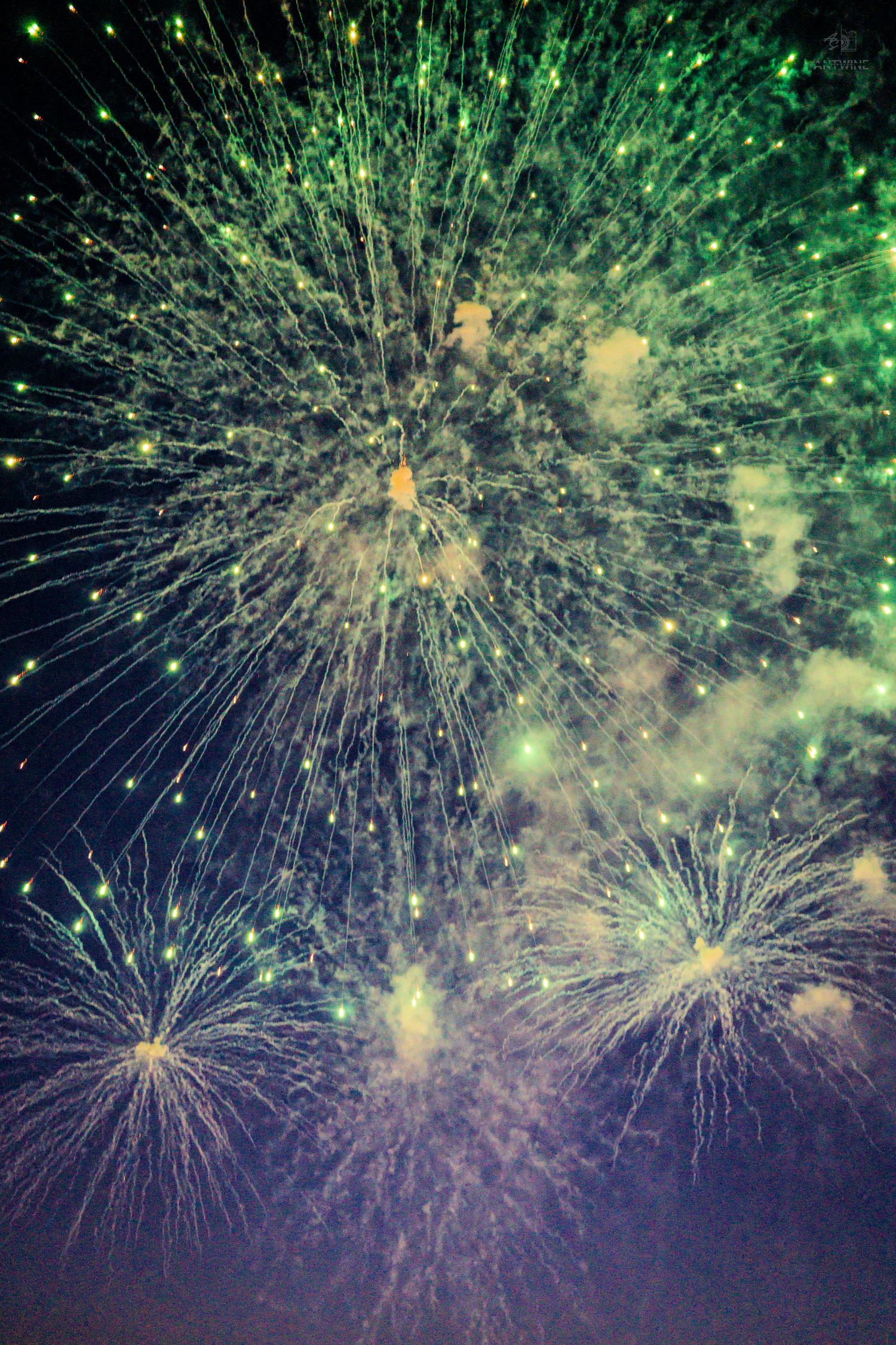 Vibrant green fireworks exploding in the night sky during a festive celebration.