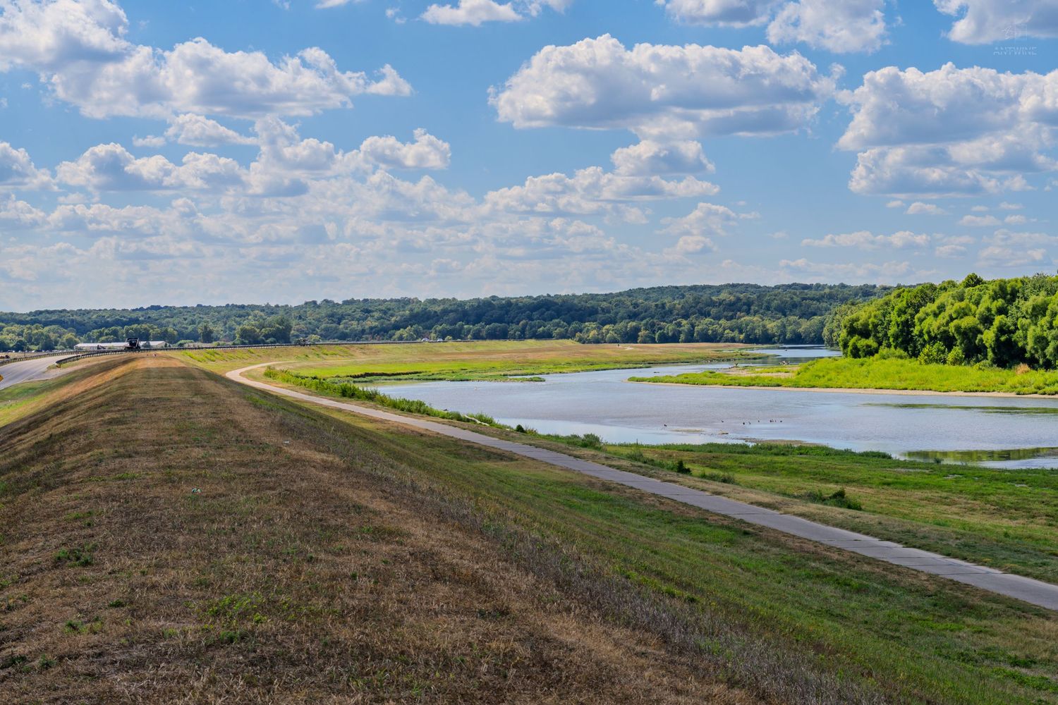 Aerial view of a winding river beside a grassy levee under a partly cloudy blue sky with lush green trees in the background.