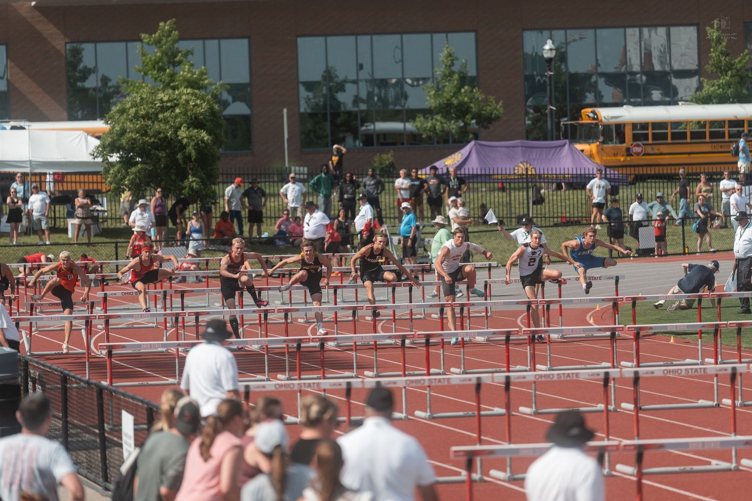 Wide view of multiple athletes clearing hurdles simultaneously at outdoor high school track and field competition.
