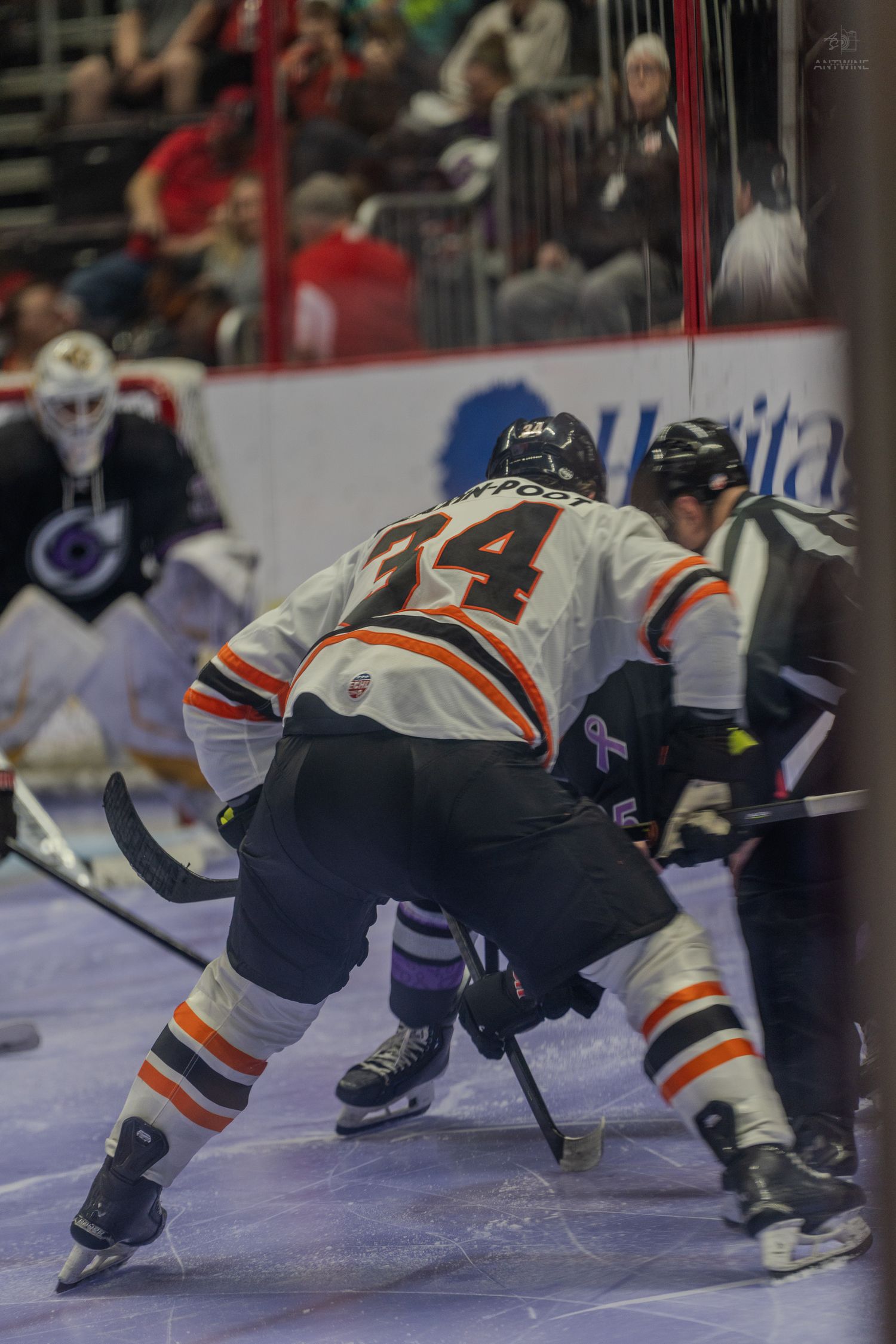 Fort Wayne Komets player #34 battling for the puck along the boards during a hockey game.