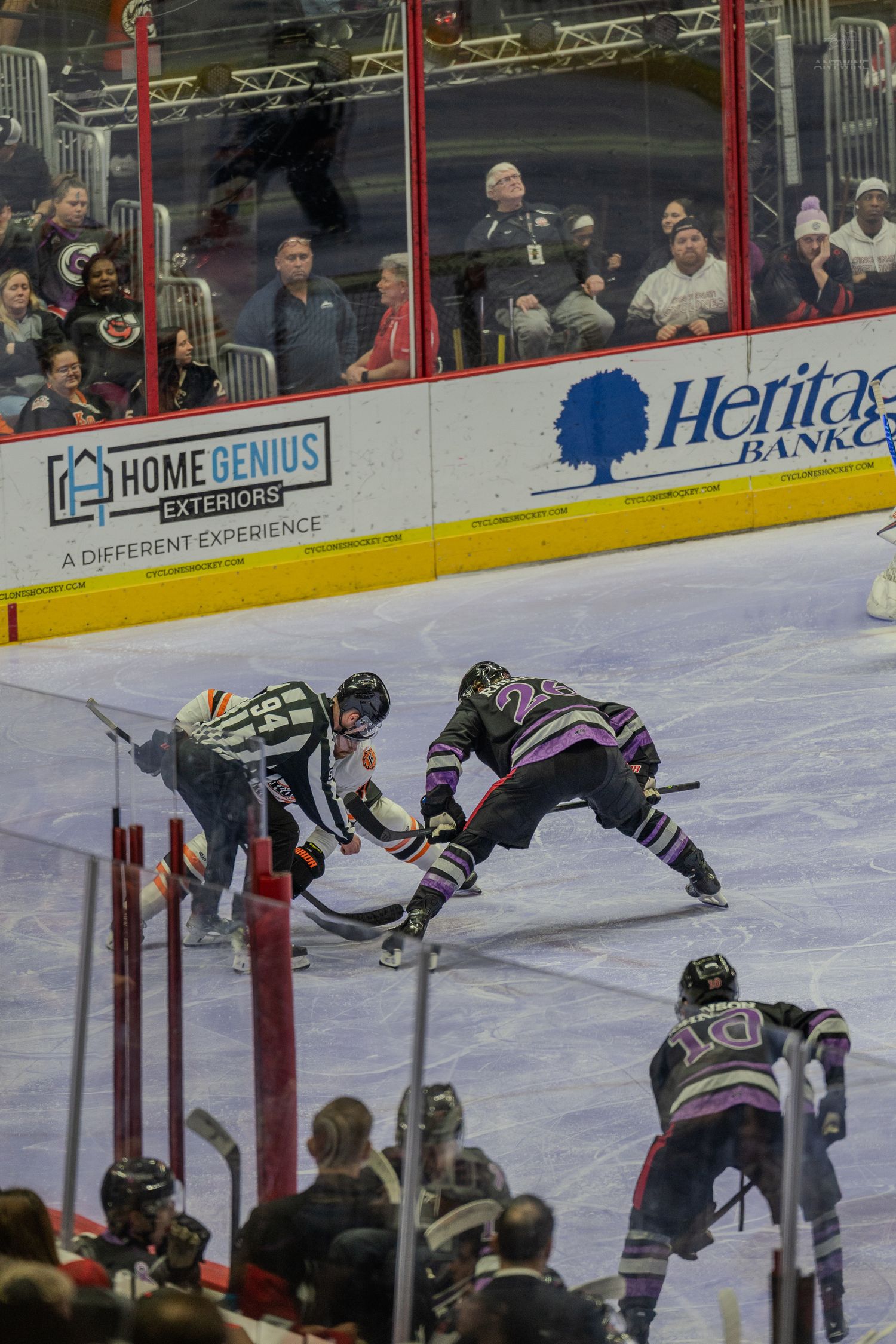 Referee drops the puck for a faceoff between two hockey players during a live game.