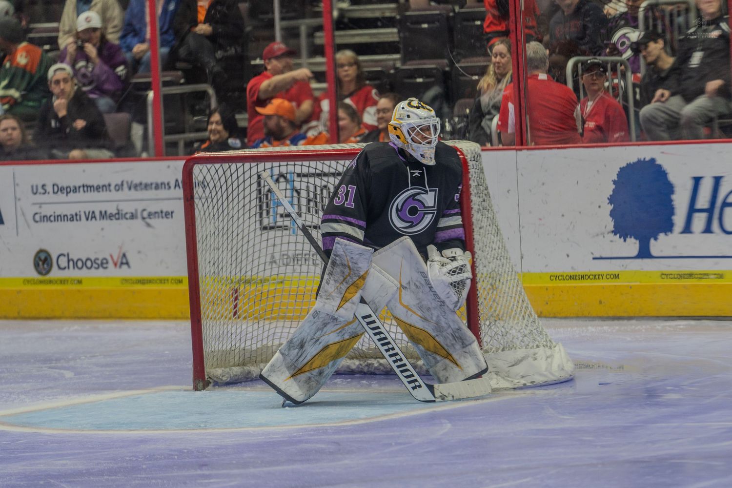 Hockey goalie in purple and white uniform defends the net during a professional game.