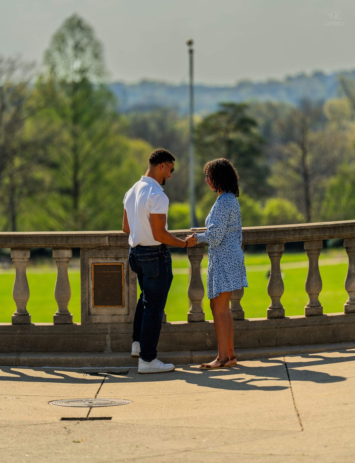 Couple holding hands on a sunlit stone balcony terrace with lush green park in background.