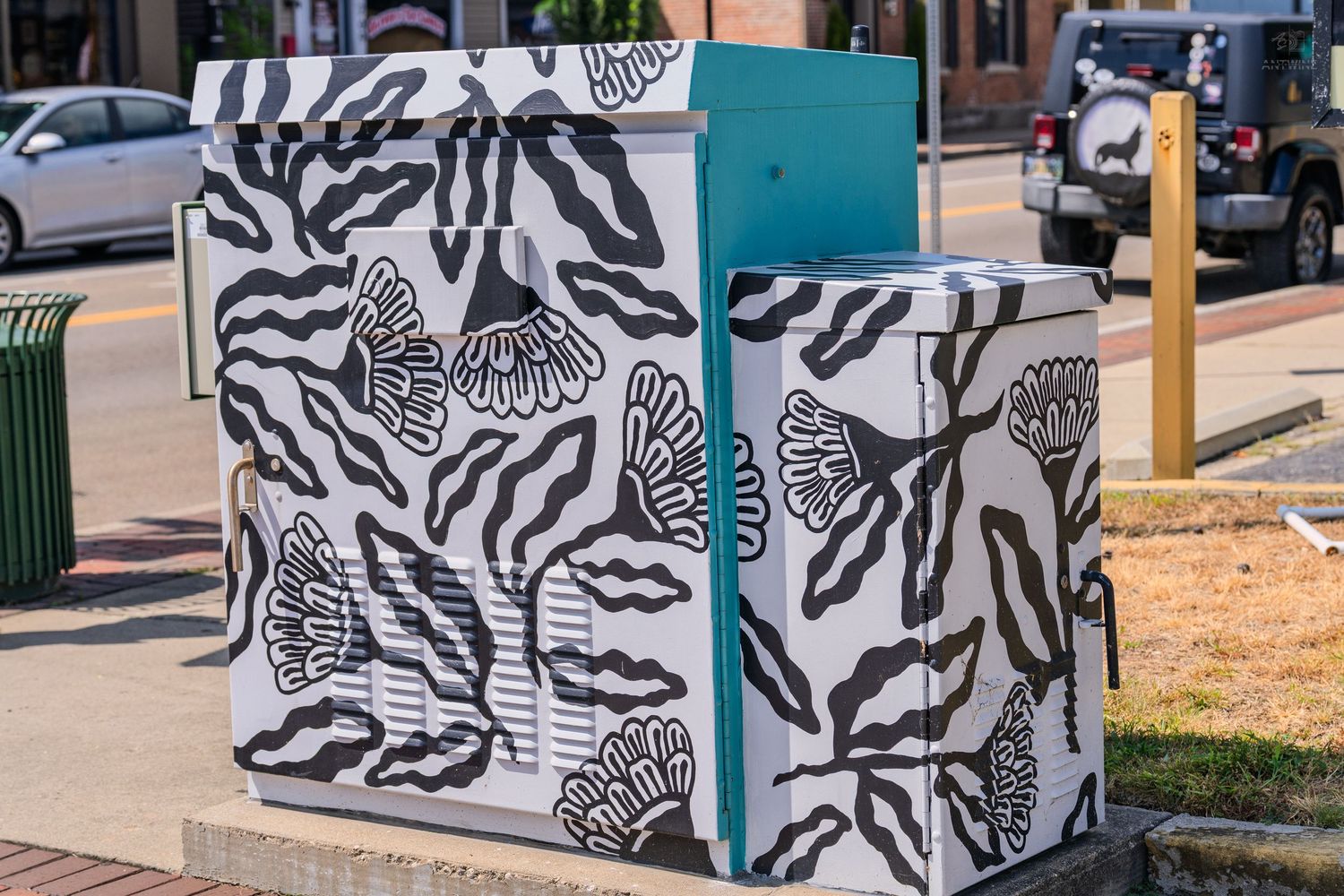 A utility box decorated with black and white floral street art with teal edges on an urban sidewalk.