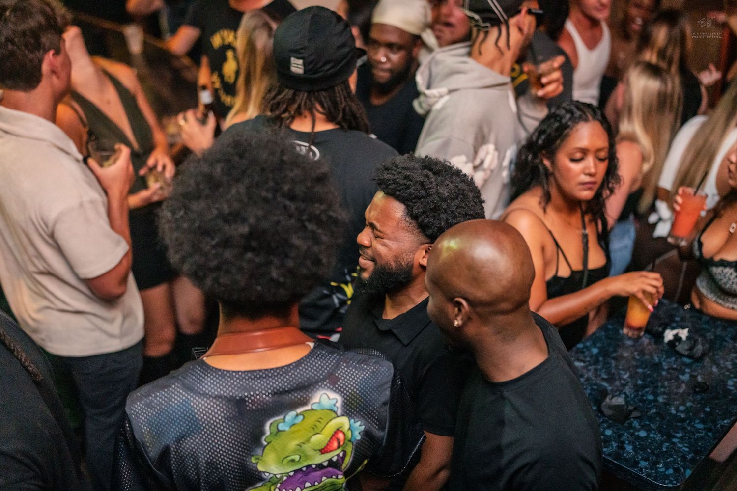 Diverse crowd of guests socializing and enjoying a lively nightclub party.